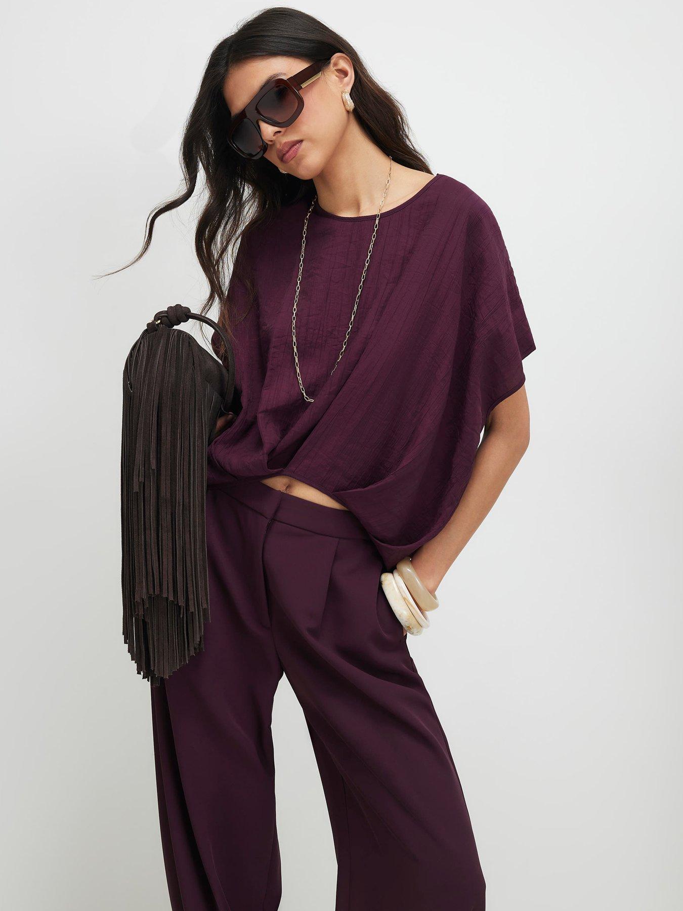 Image 1 of 6 of River Island Textured Tuck Hem Top - Brown