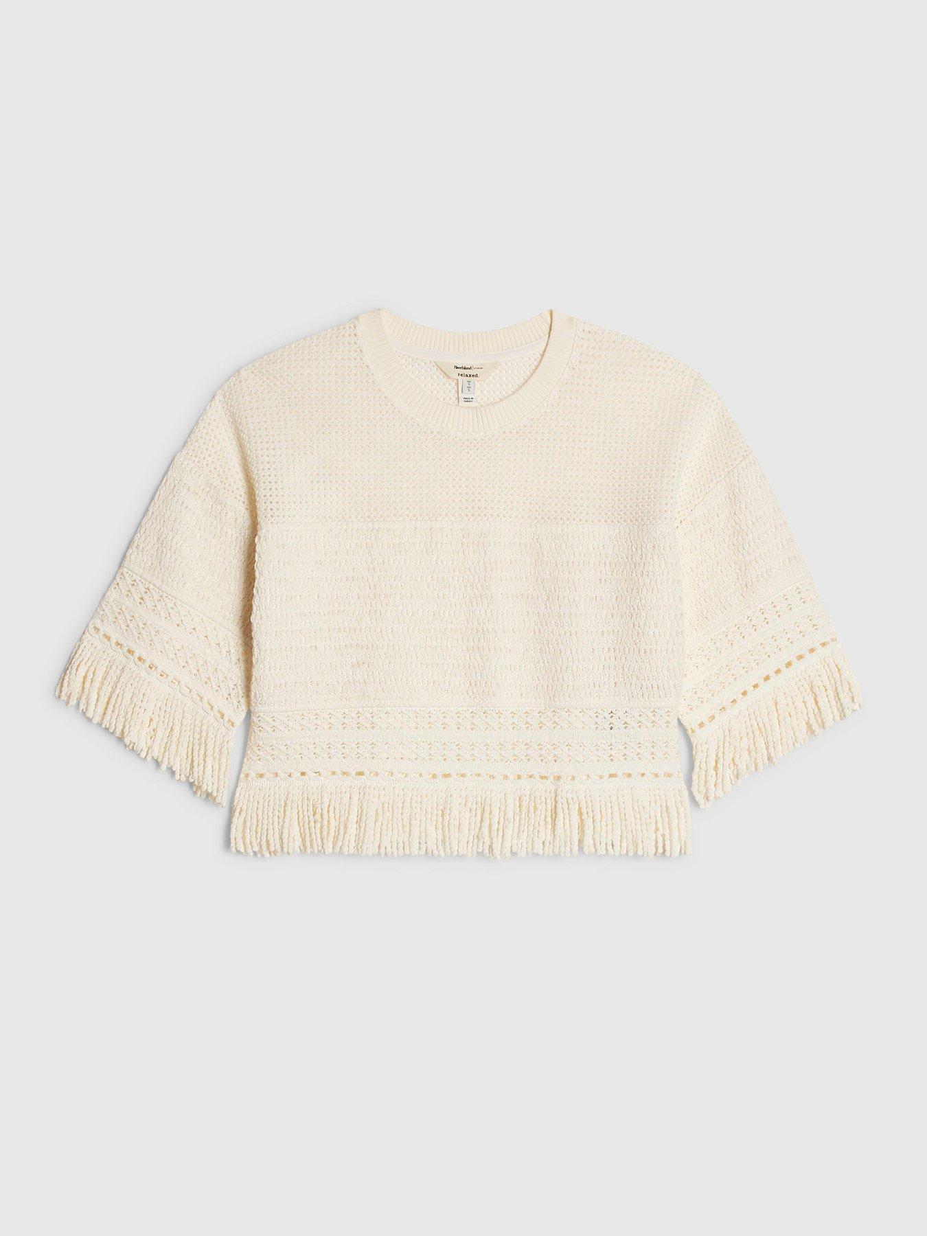 Image 1 of 1 of River Island Short Sleeve Petite Fringe Top - Cream