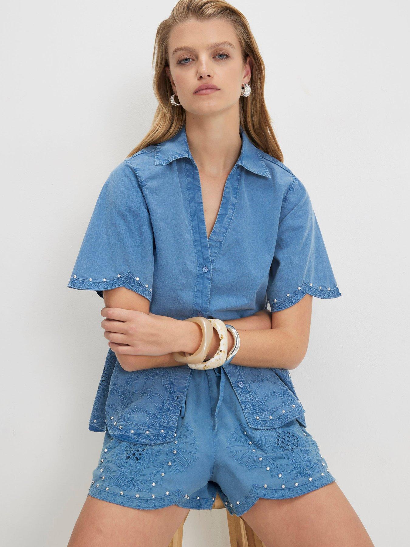 River Island Chambray Cutwork Emb Shirt - Blue
