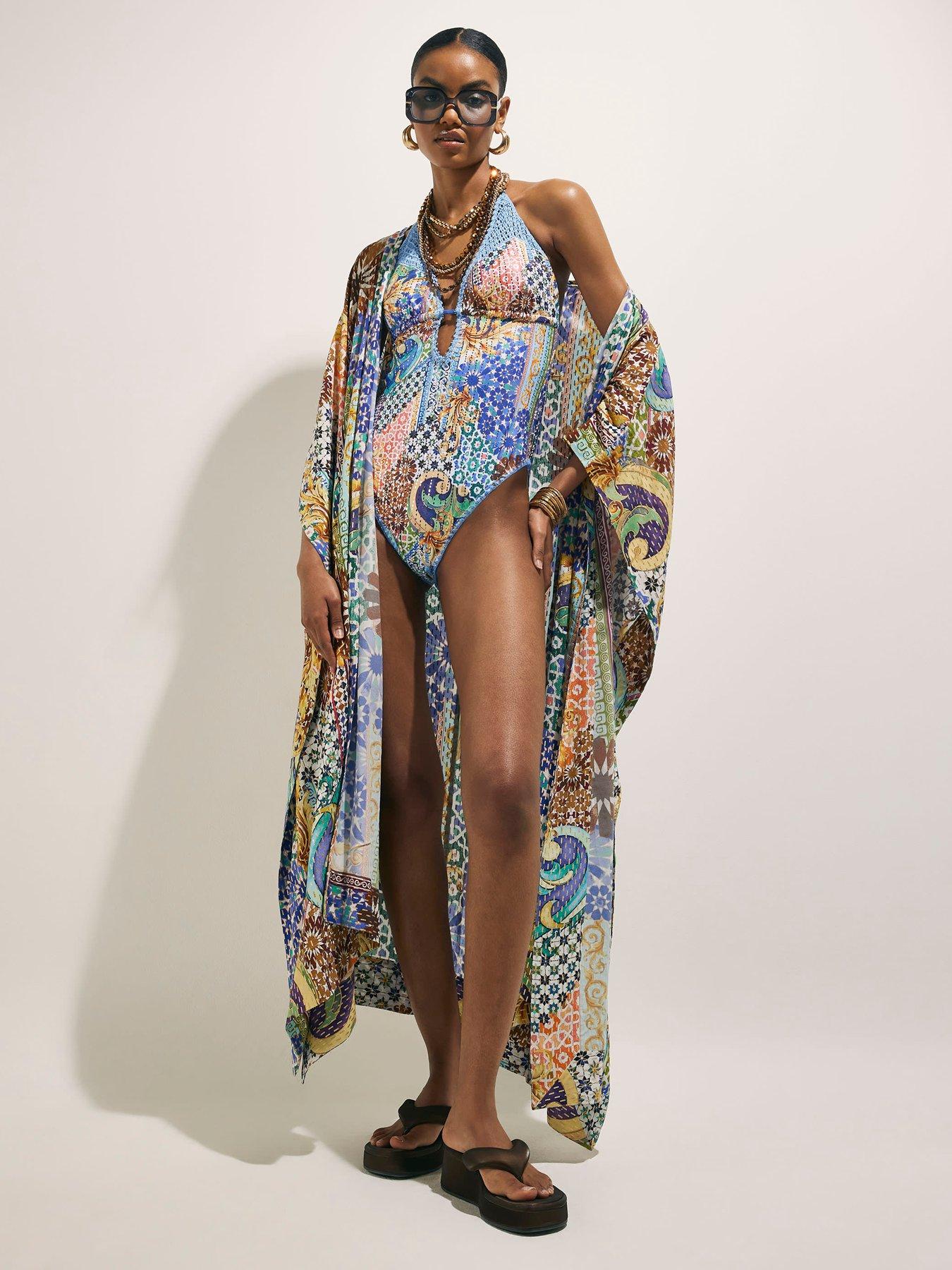 Image 3 of 5 of River Island Del Mar Foil Print Plunge Swimsuit - Blue