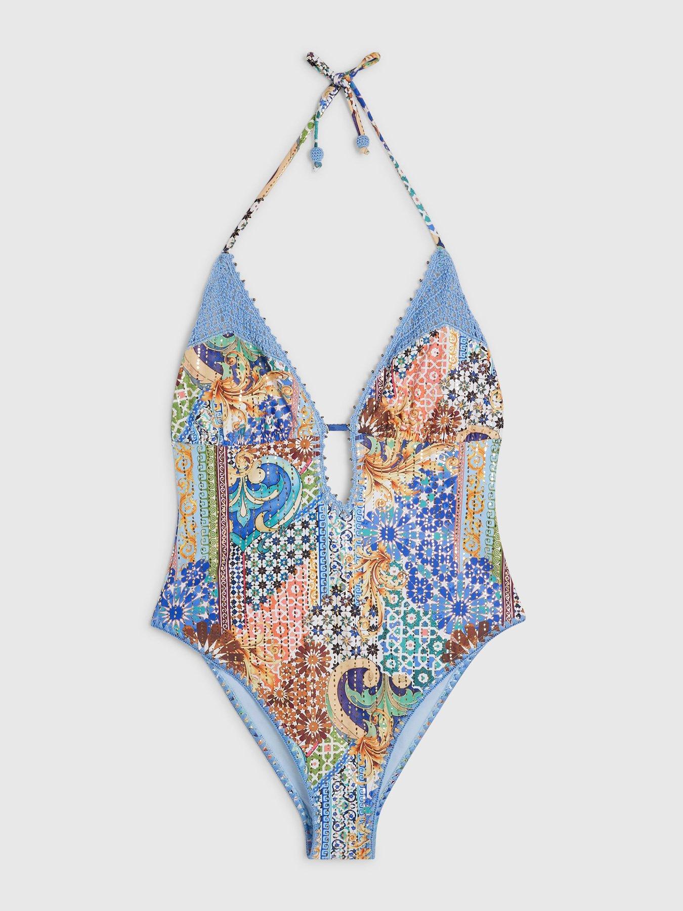 Image 4 of 5 of River Island Del Mar Foil Print Plunge Swimsuit - Blue