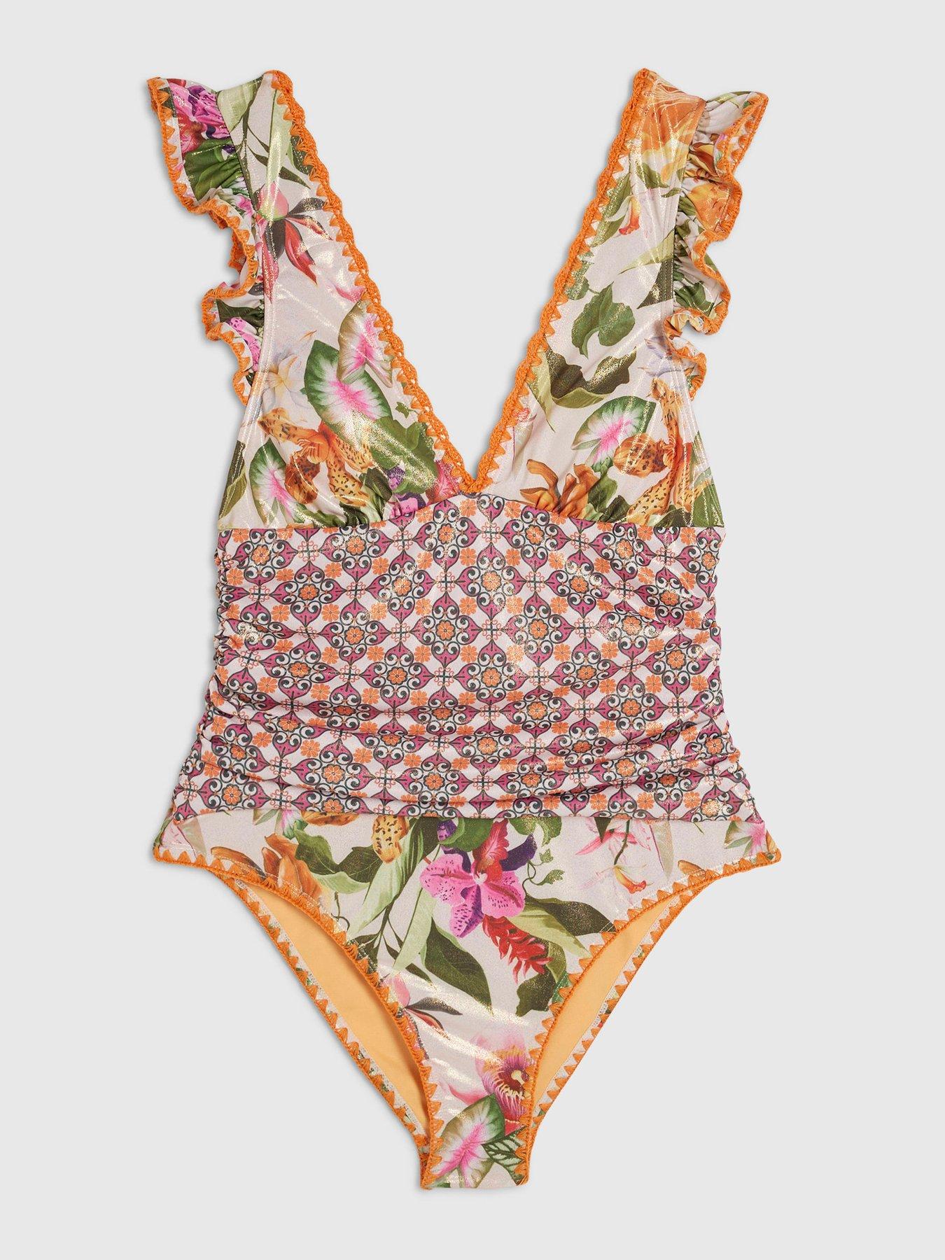 Image 5 of 6 of River Island Del Mar Frill Sleeve Swimsuit - Pink
