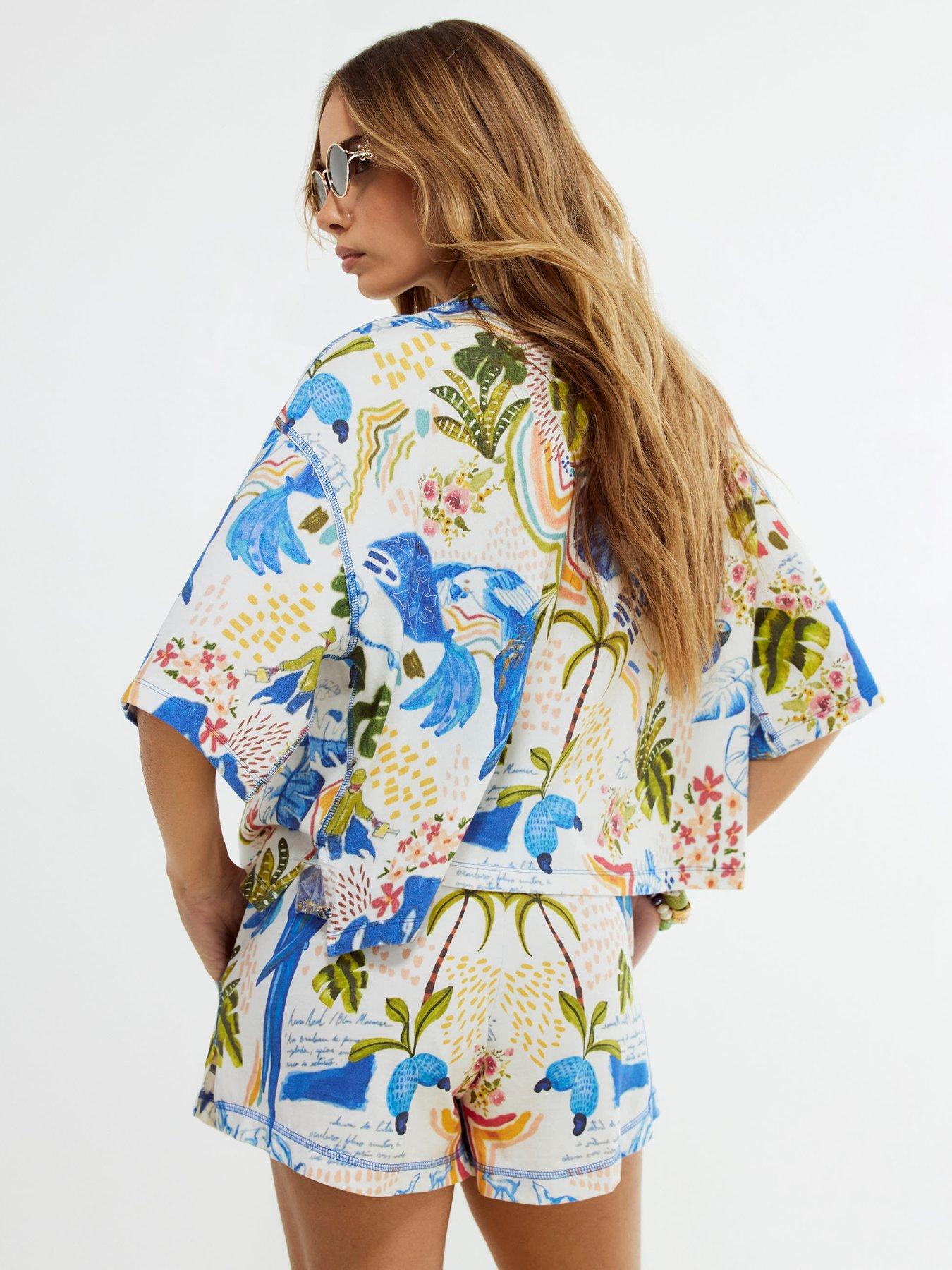 Image 2 of 4 of River Island Short Sleeve Cotton Tropical Beaded T-Shirt - White