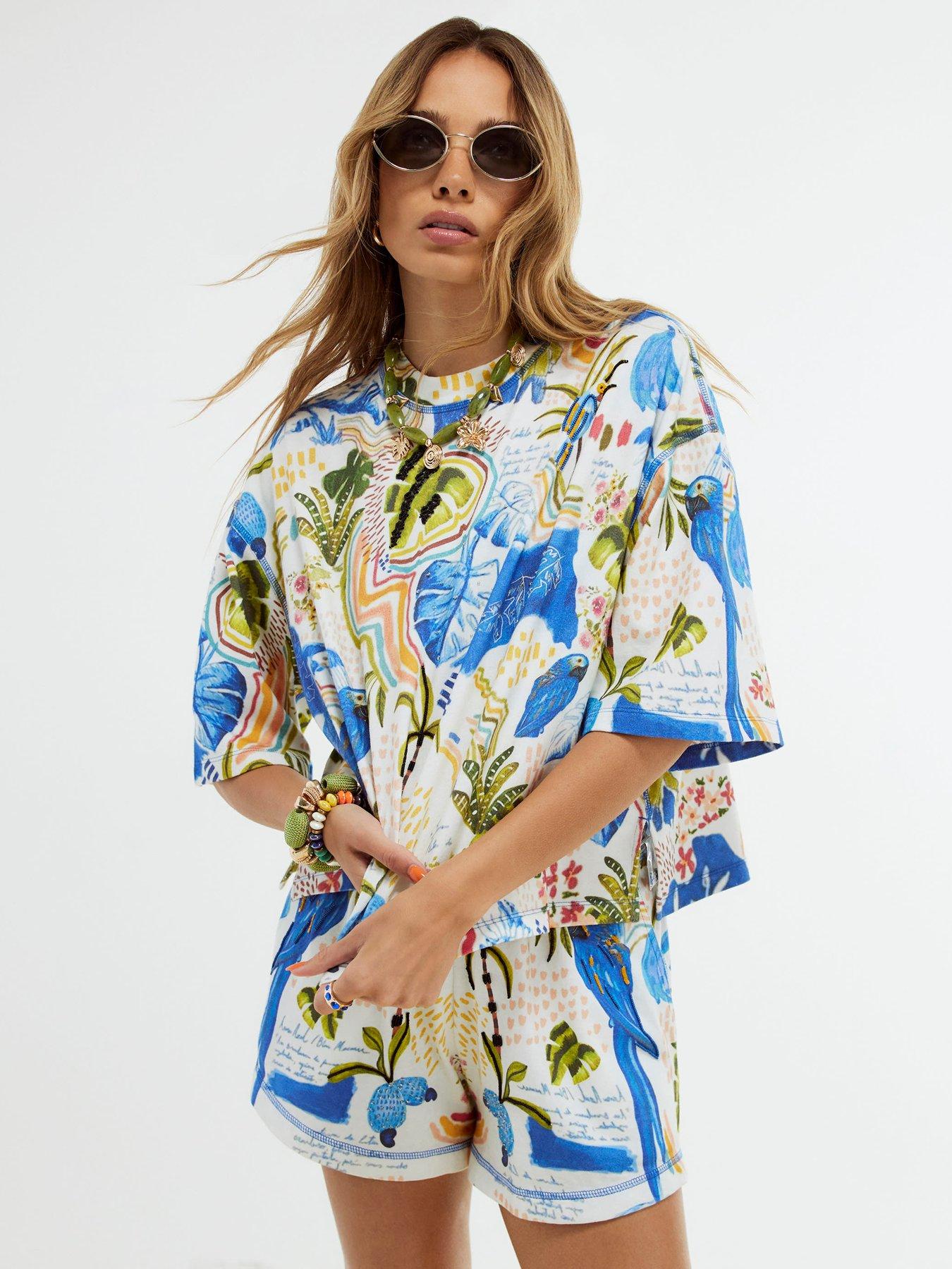 Image 4 of 4 of River Island Short Sleeve Cotton Tropical Beaded T-Shirt - White