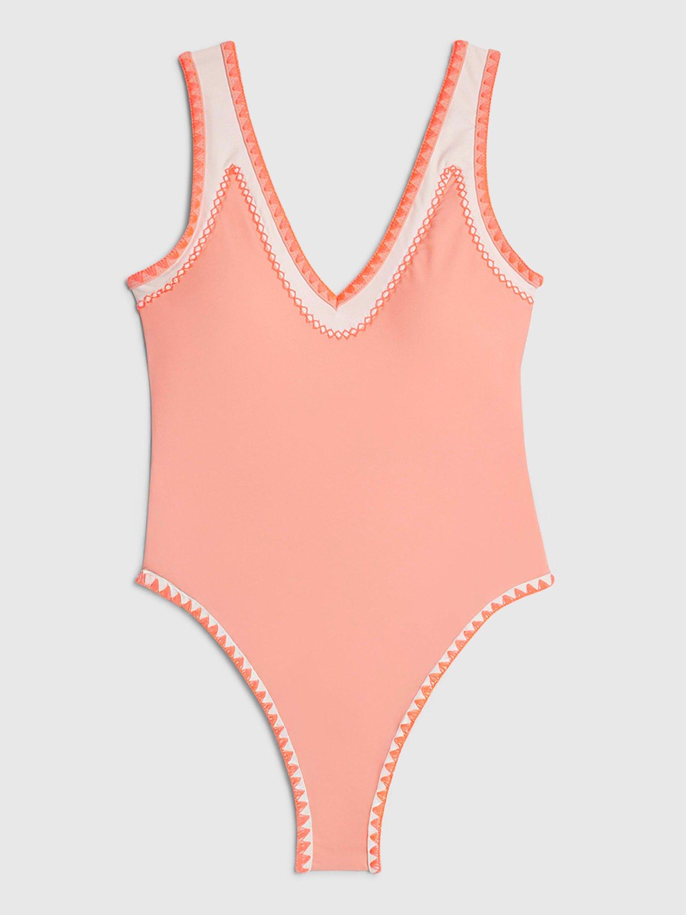 River Island Whipstitch Plunge Swimsuit - Orange