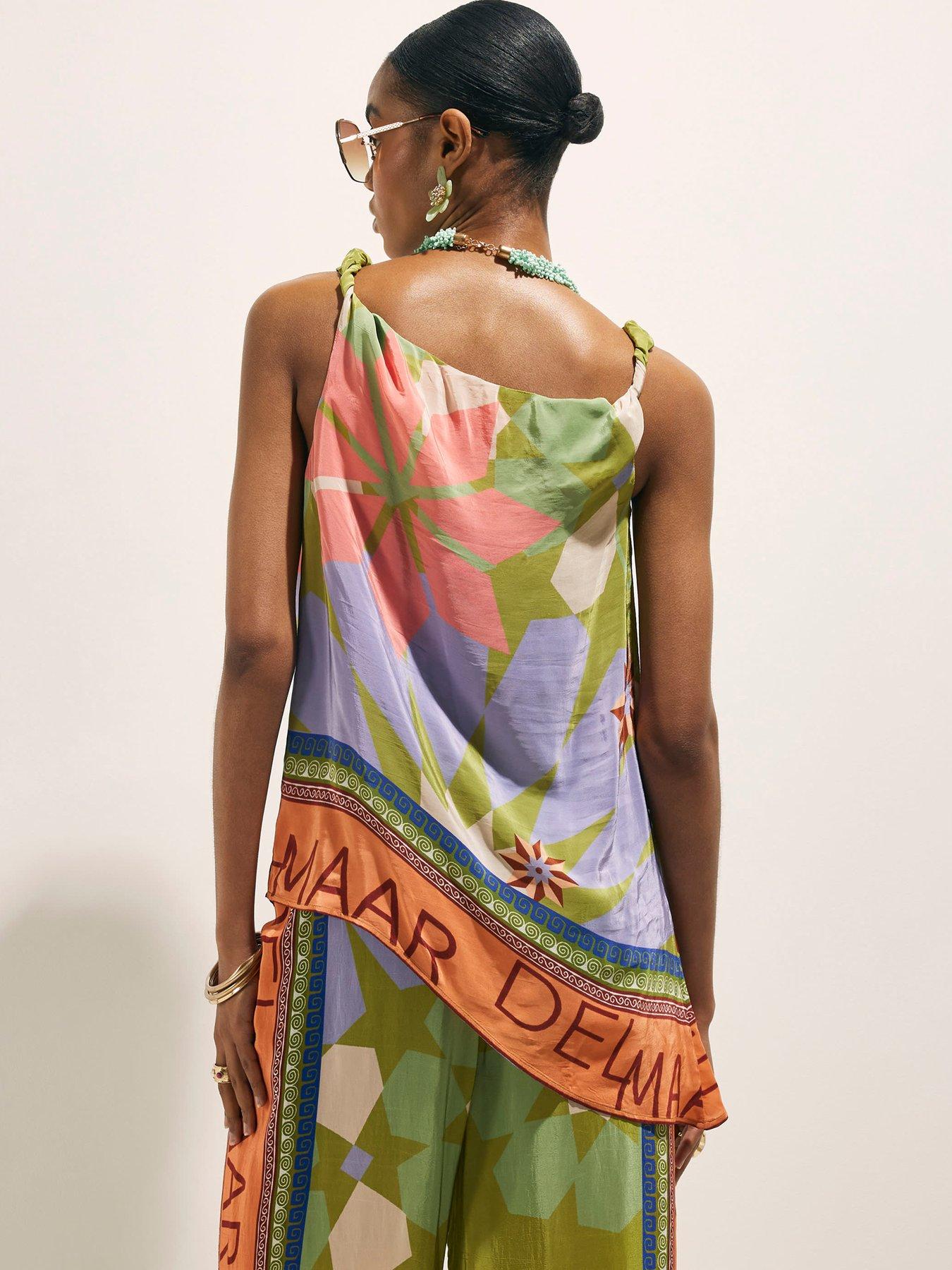 Image 2 of 5 of River Island Del Mar Asym Placed Print Co-ord Top - Green