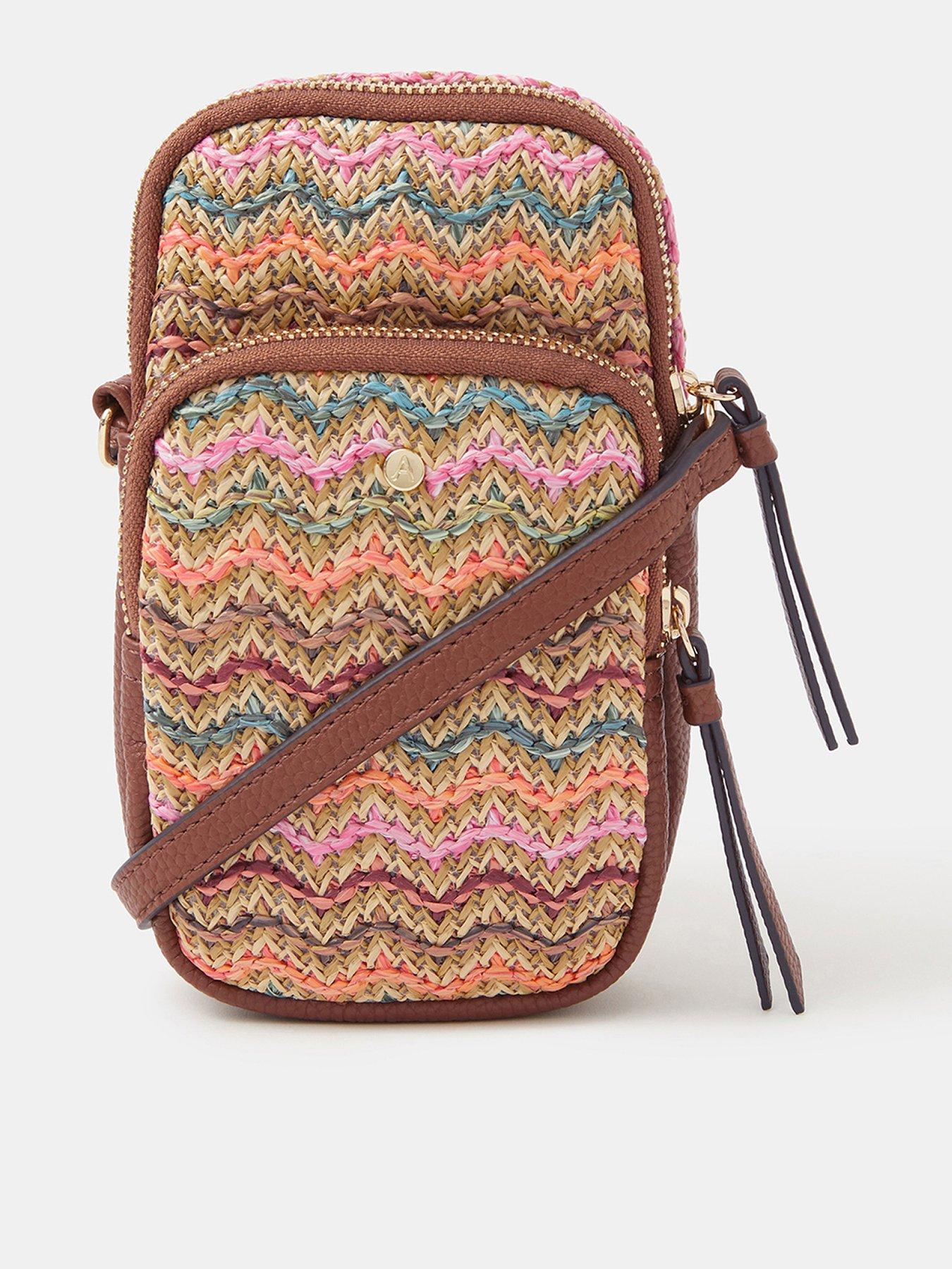 Image 1 of 5 of Accessorize Stripe Raffia Phone Bag