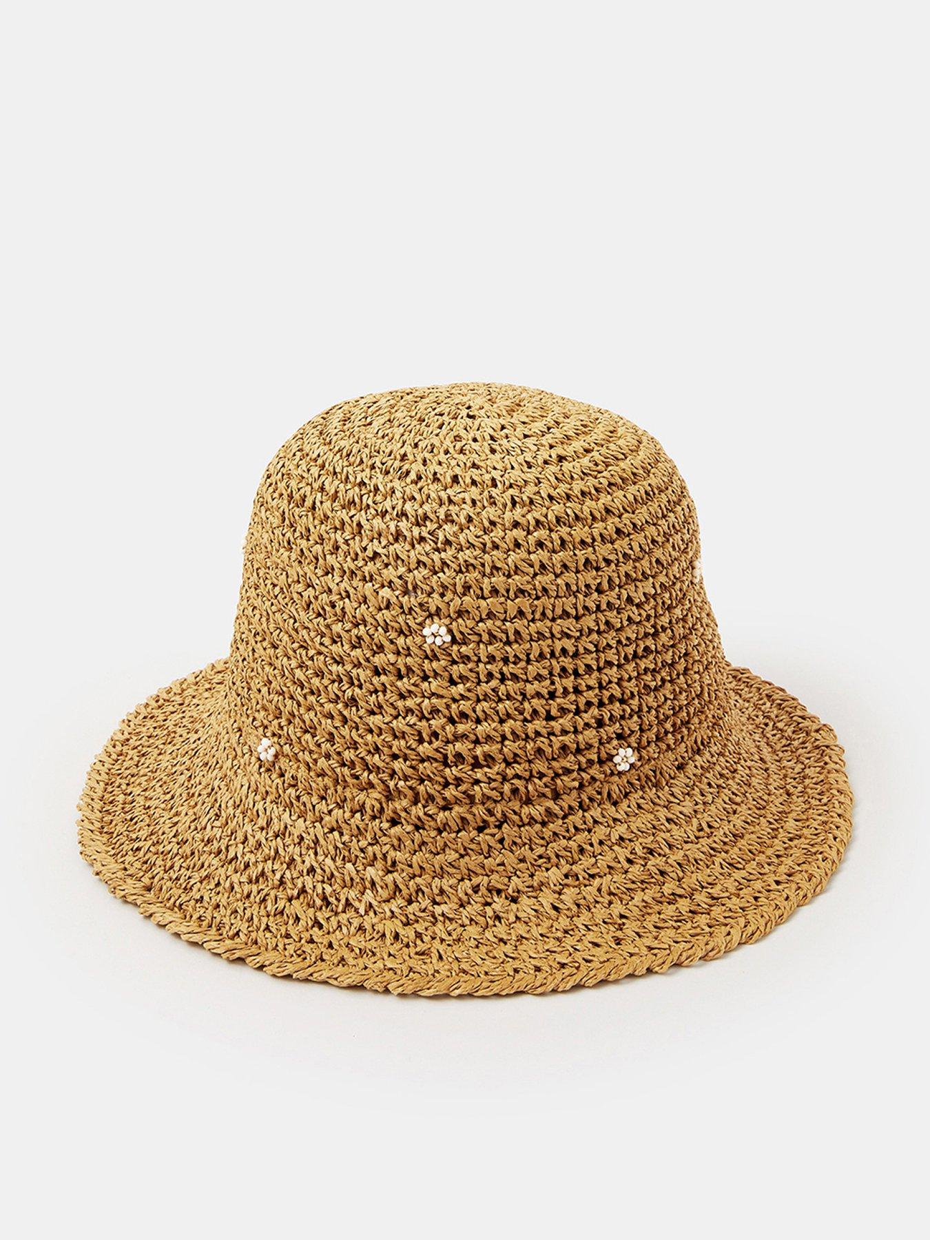 Image 1 of 3 of Accessorize Beaded Flower Straw Bucket Hat