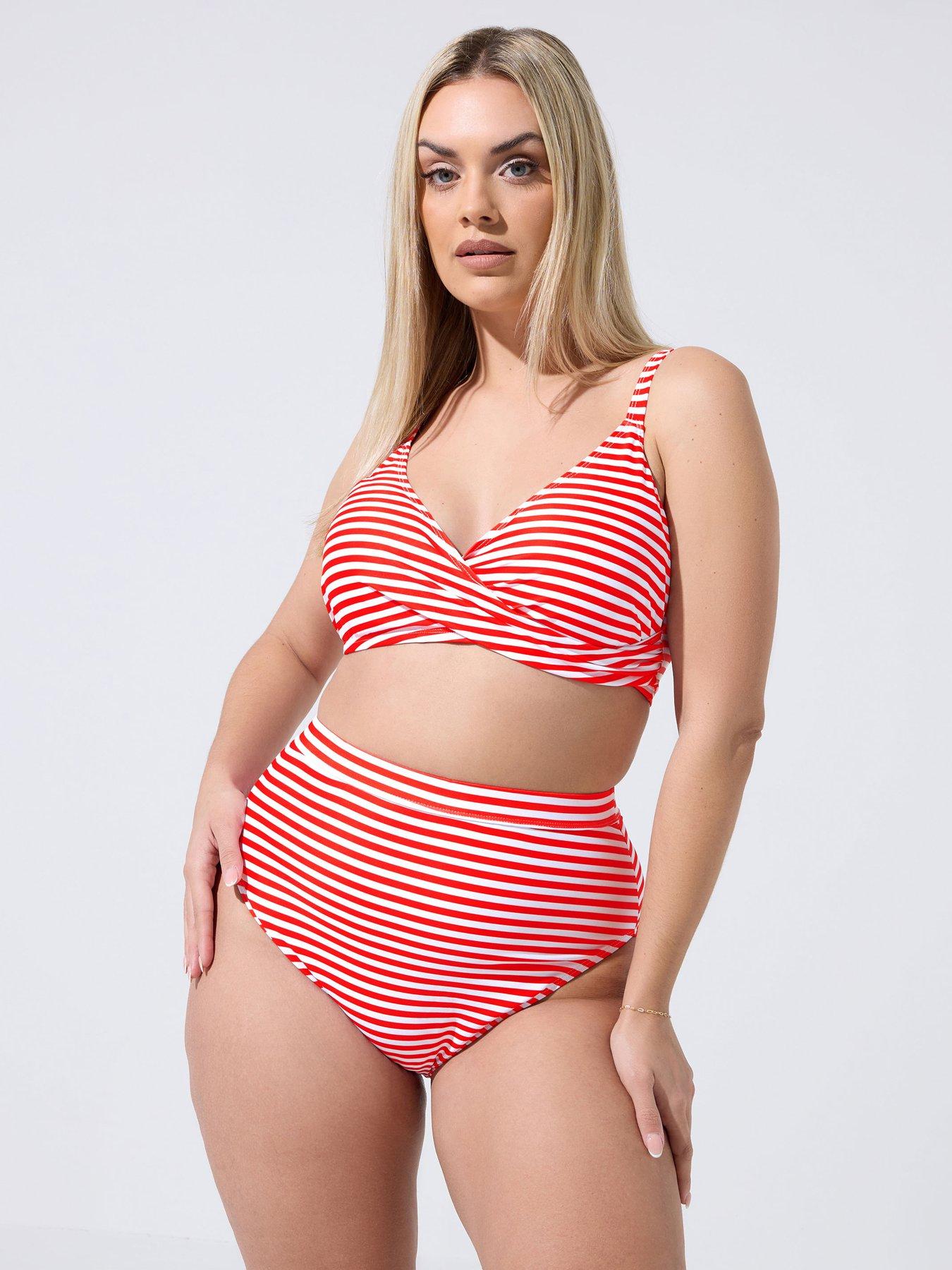 Yours Curve Striped Bikini Bottoms - Red