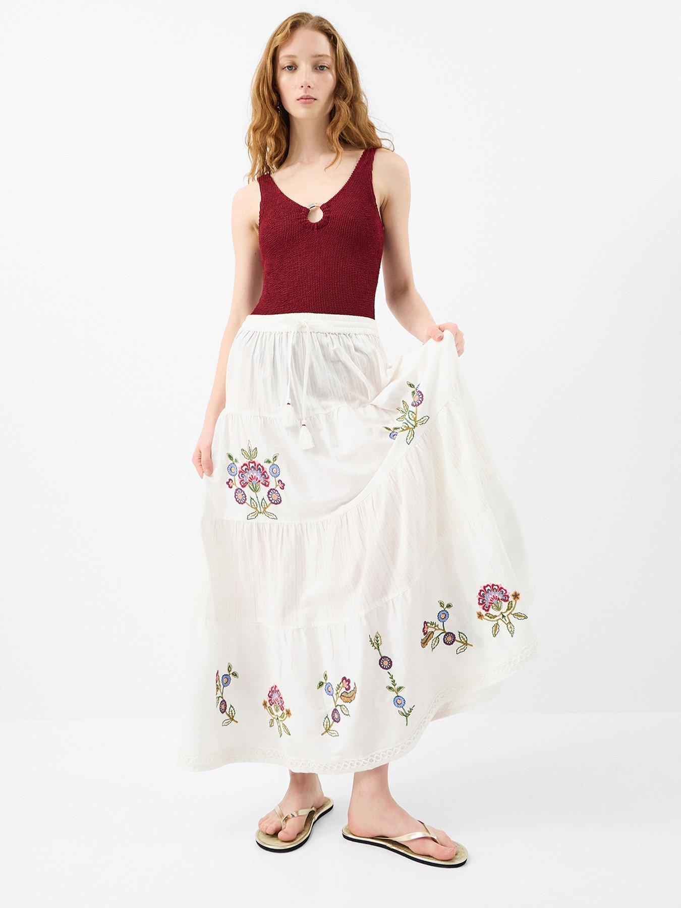 Image 1 of 4 of Accessorize Floral Embroidered Tiered Maxi Skirt