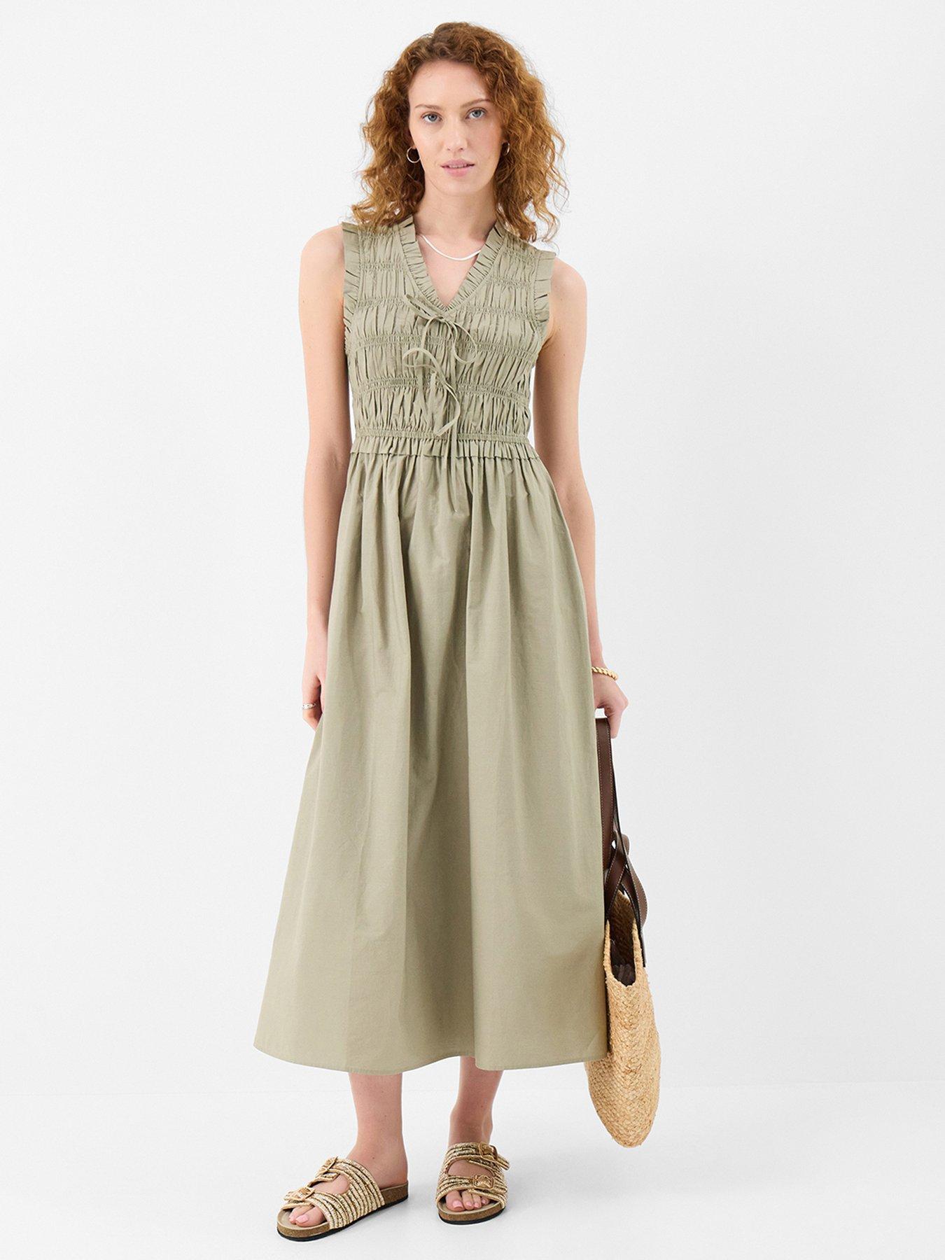 Image 1 of 4 of Accessorize Tied Front Smocked Midi Dress