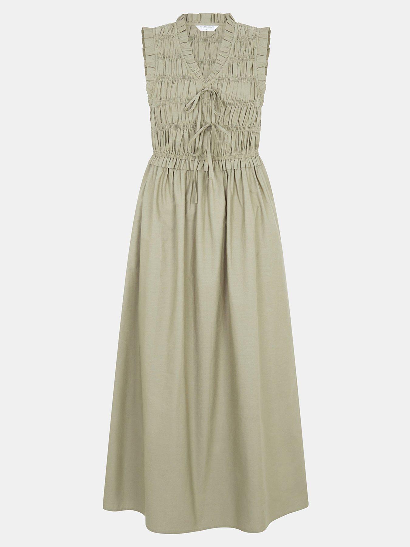 Image 4 of 4 of Accessorize Tied Front Smocked Midi Dress