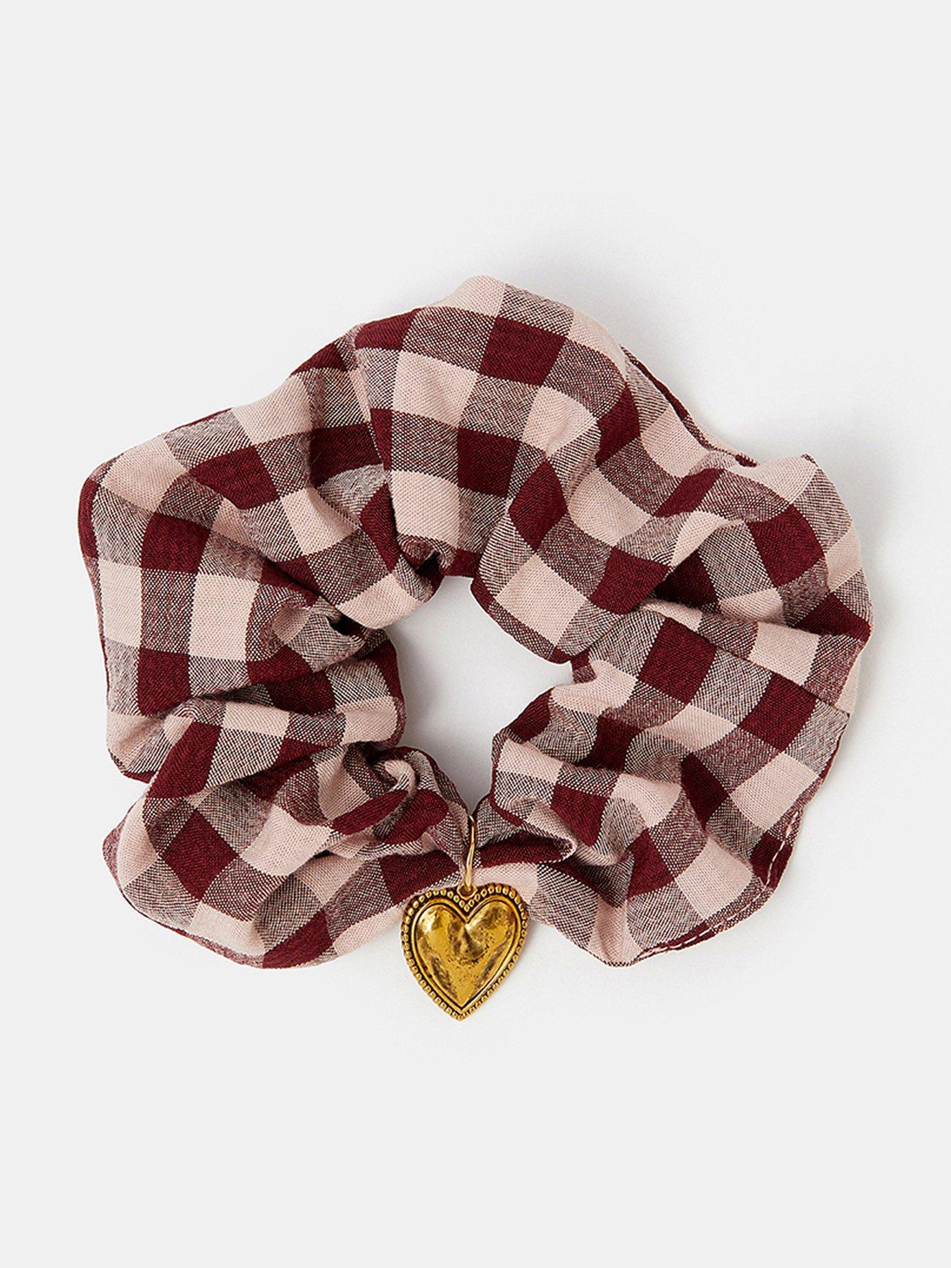 Image 1 of 3 of Accessorize Heart Charm Check Print Hair Scrunchie