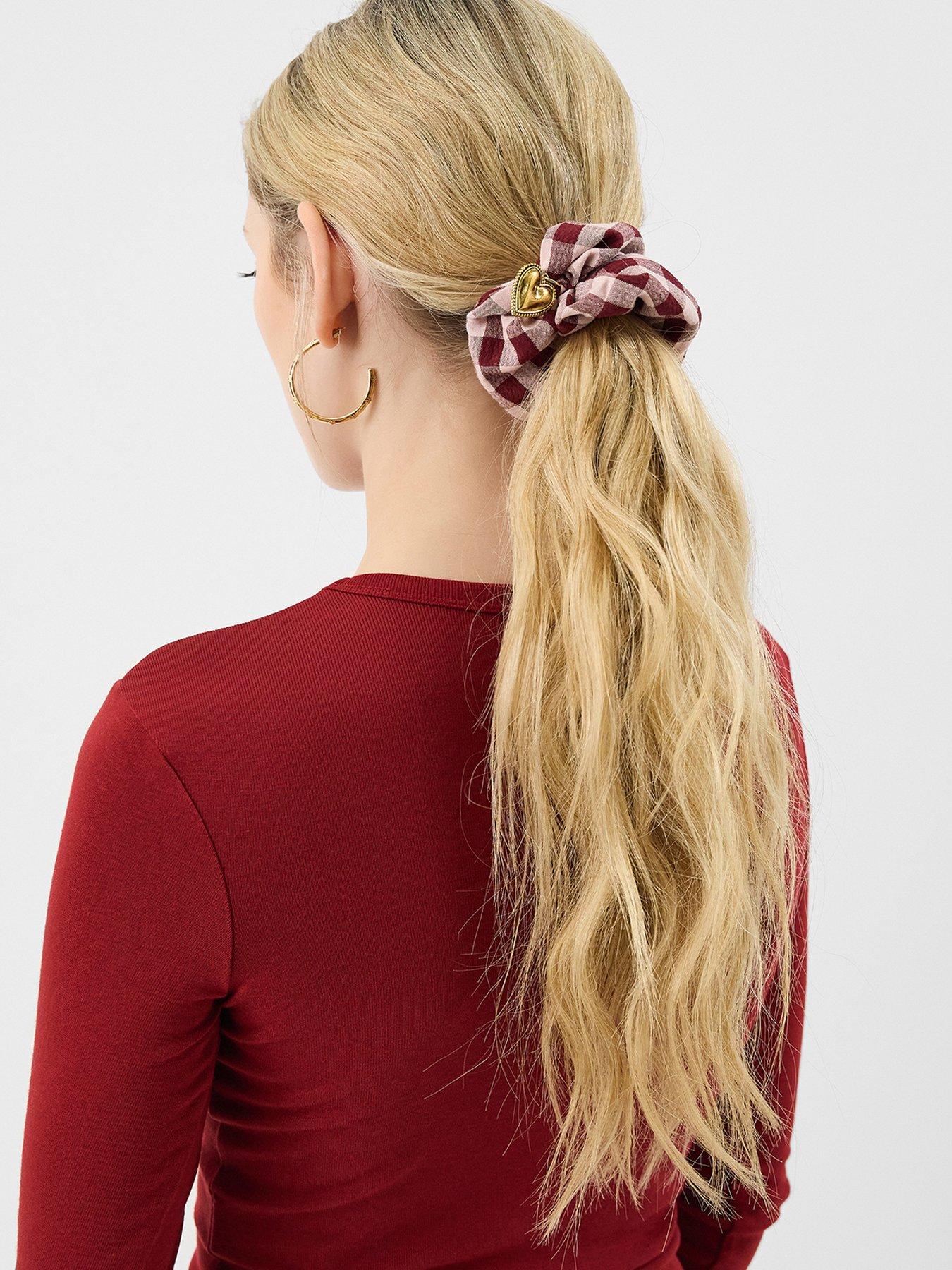 Image 2 of 3 of Accessorize Heart Charm Check Print Hair Scrunchie
