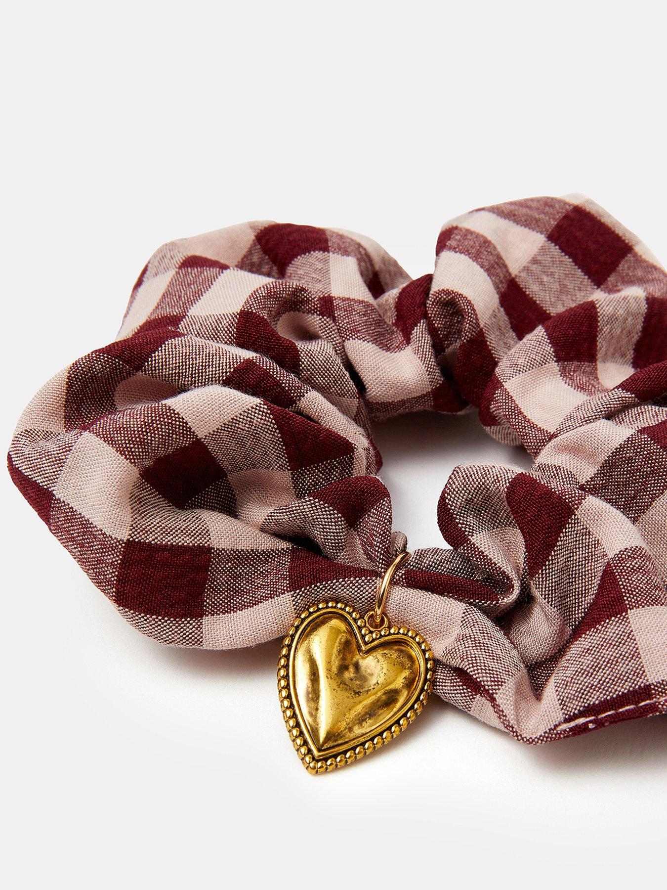 Image 3 of 3 of Accessorize Heart Charm Check Print Hair Scrunchie