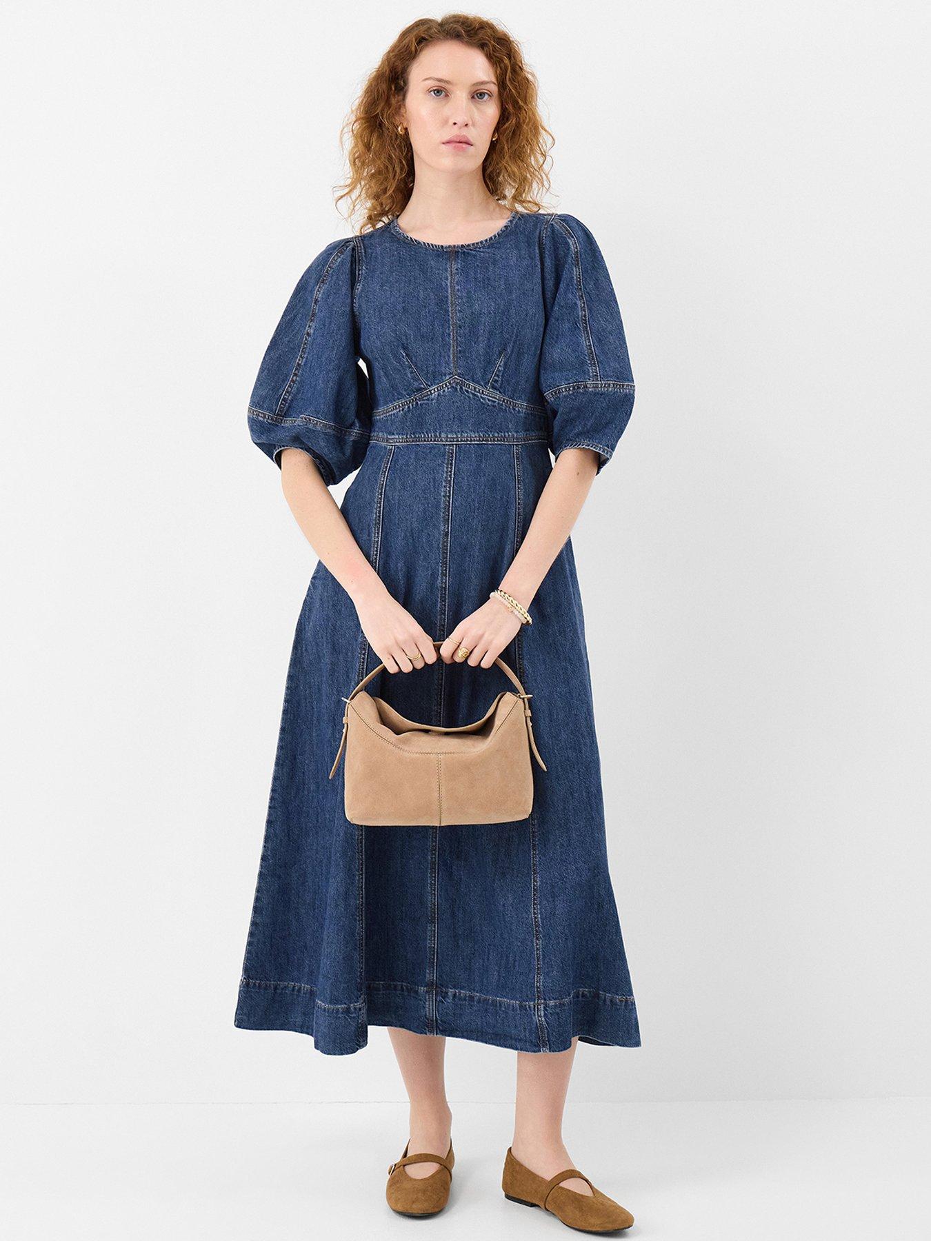 Image 1 of 4 of Accessorize Puff Sleeve Denim Midi Dress