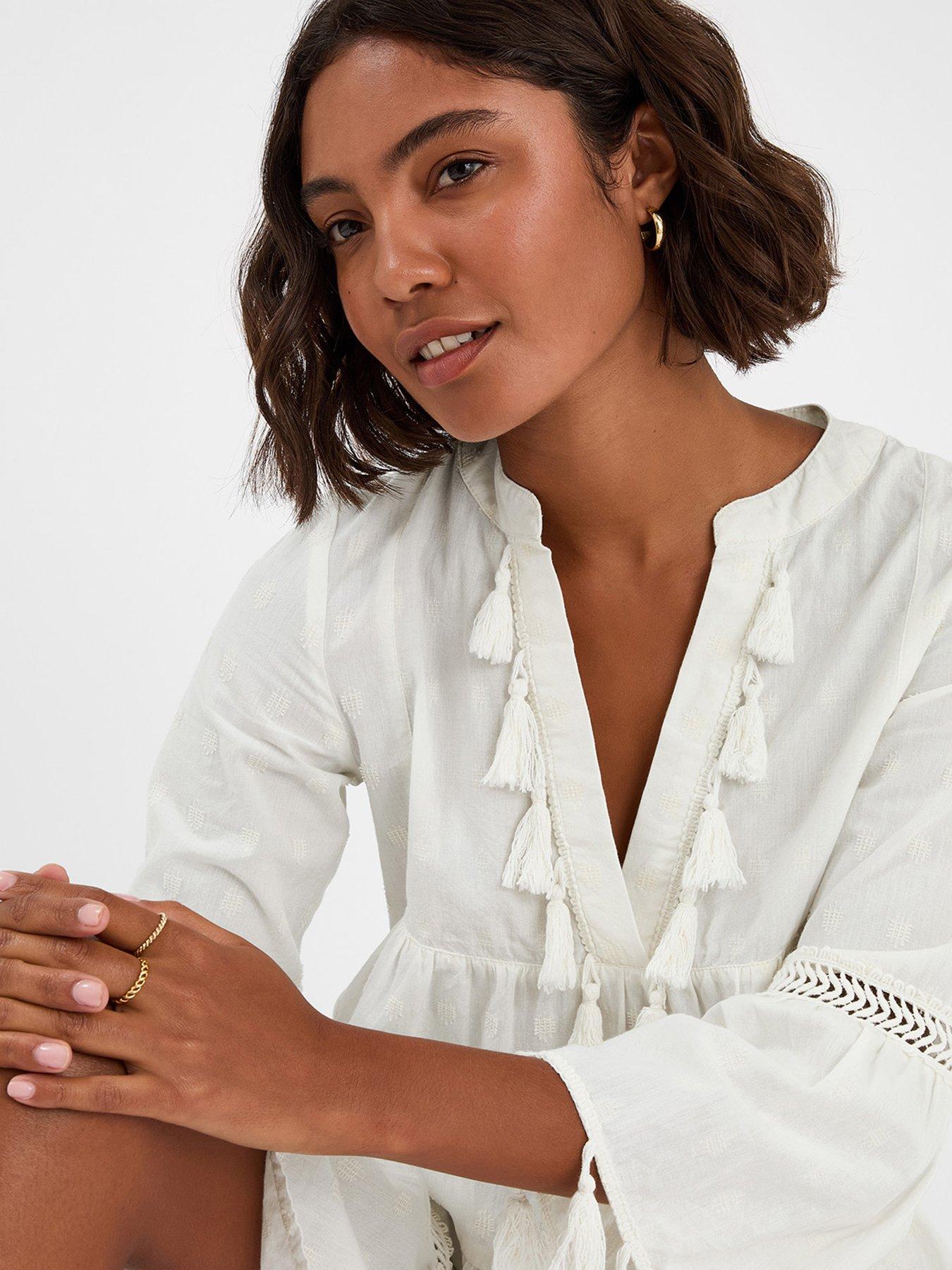 Image 3 of 4 of Accessorize Flute Sleeve Tassel Tiered Mini Dress