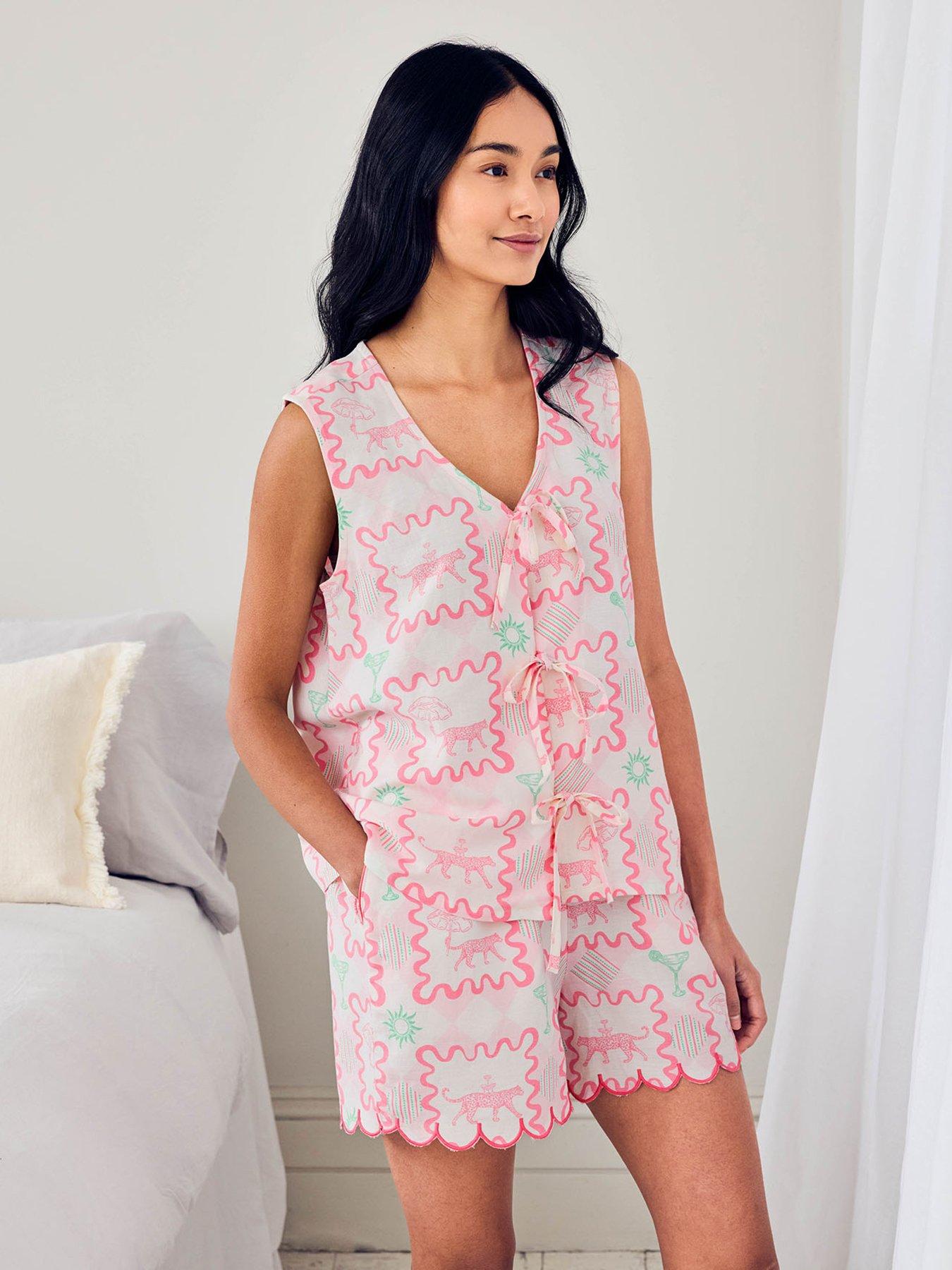 CHELSEA PEERS Chelsea Peers Linen-blend Tie Front Cami Cocktail Leopard Geo Print Short Pyjama Set
