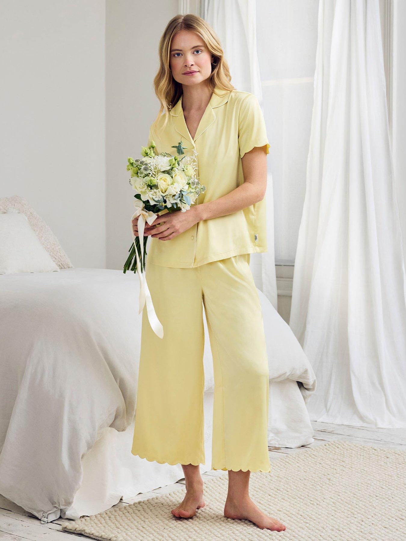 Image 1 of 6 of CHELSEA PEERS Chelsea Peers Satin Scallop Edge Long Pyjama Set - Butter Yellow