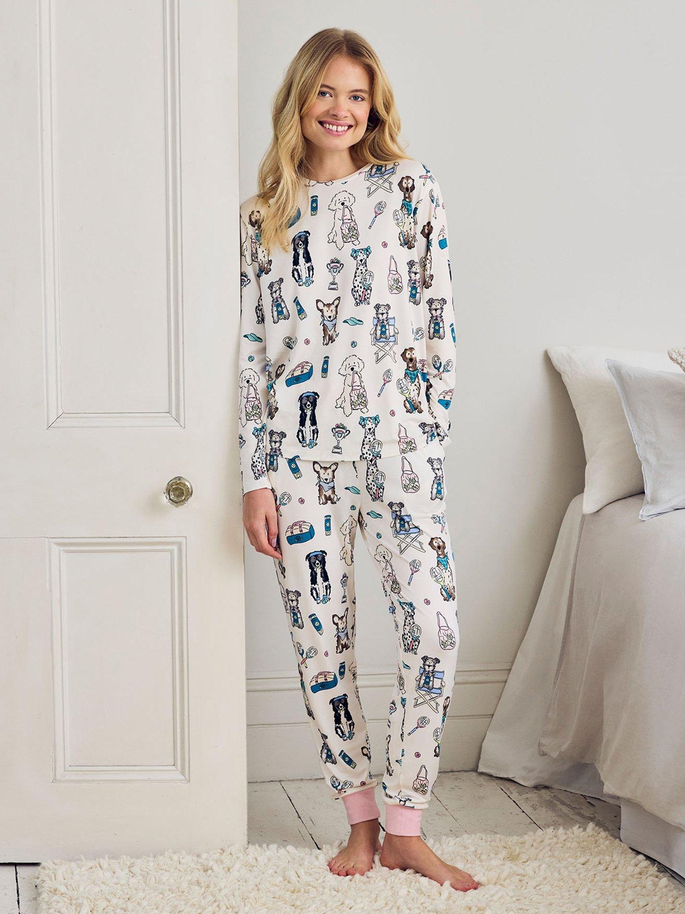 CHELSEA PEERS Chelsea Peers Tennis Dogs Print Long Pyjama Set - Cream