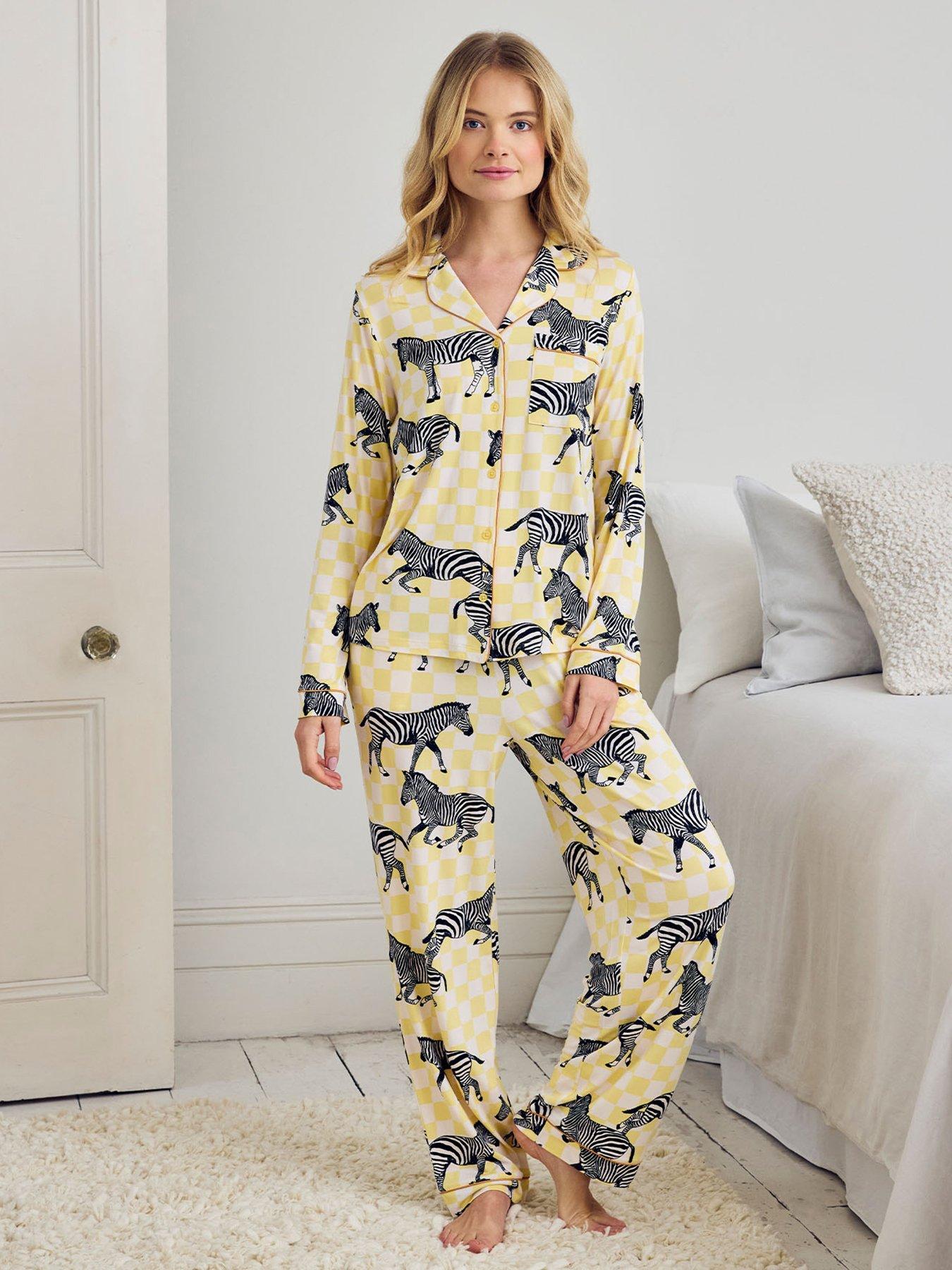 Image 1 of 5 of CHELSEA PEERS Zebra Checkerboard Print Long Pyjama Set