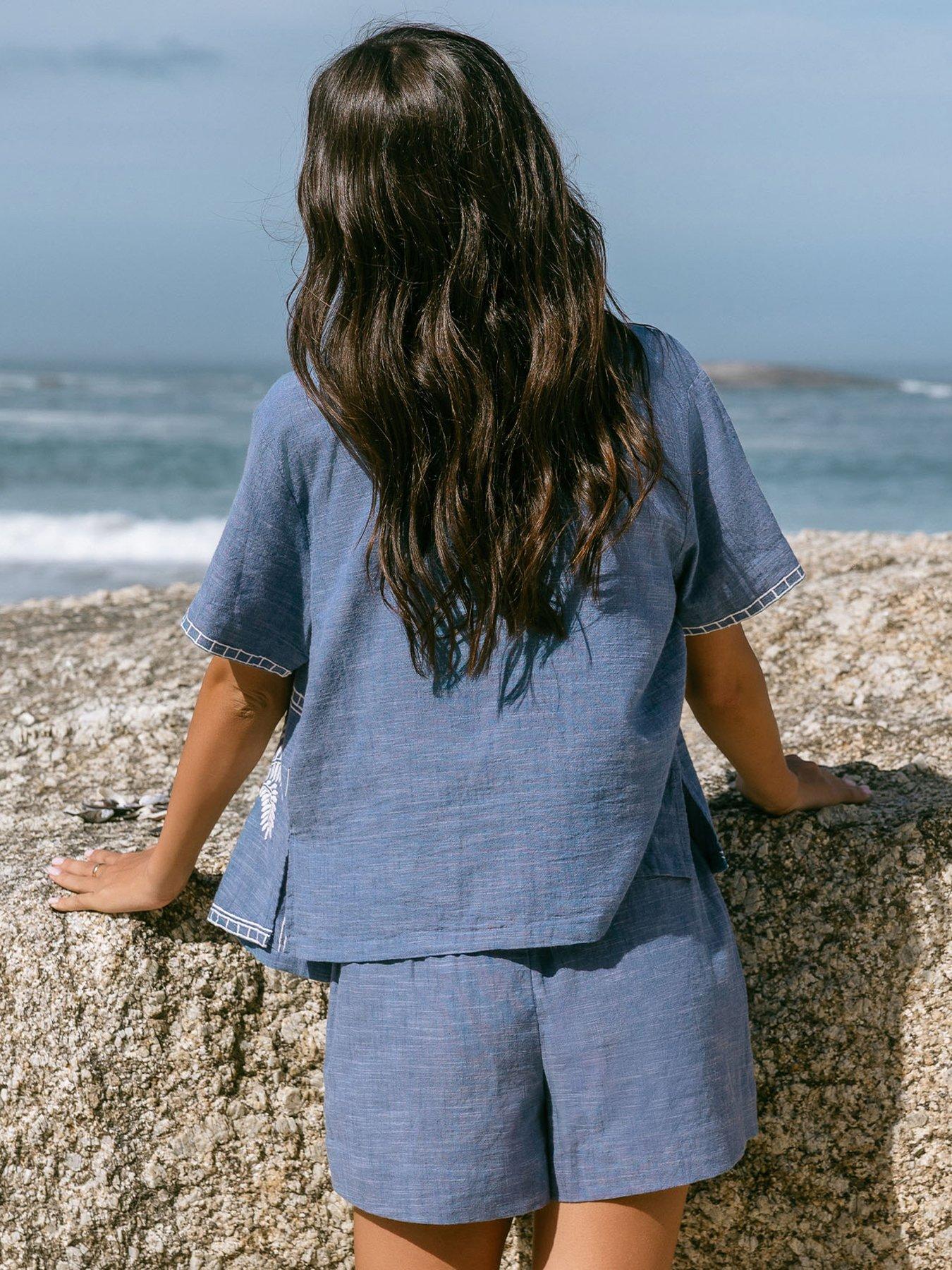 Image 2 of 5 of CHELSEA PEERS Chelsea Peers Embroidered Chambray Organic&nbsp;Short Sleeve Shirt - Blue