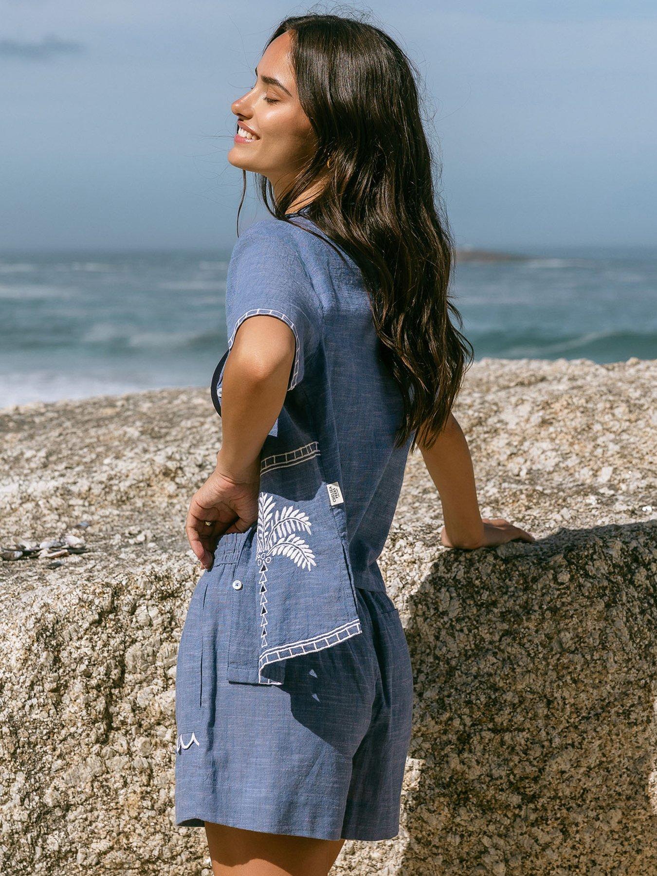 Image 3 of 5 of CHELSEA PEERS Chelsea Peers Embroidered Chambray Organic&nbsp;Short Sleeve Shirt - Blue