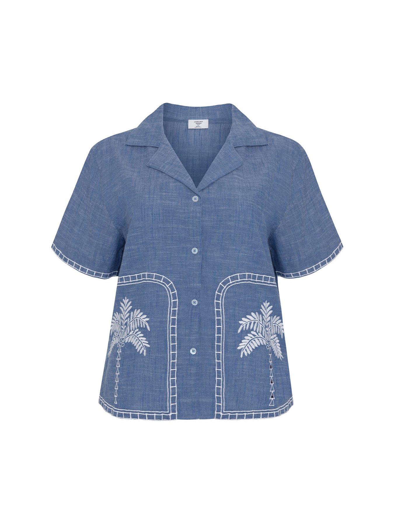 Image 5 of 5 of CHELSEA PEERS Chelsea Peers Embroidered Chambray Organic&nbsp;Short Sleeve Shirt - Blue