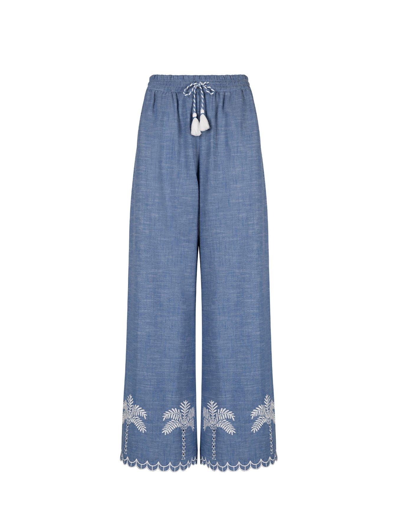 Image 5 of 5 of CHELSEA PEERS Chelsea Peers Embroidered Chambray&nbsp;Cotton Scallop Edge Wide Leg Trousers - Blue