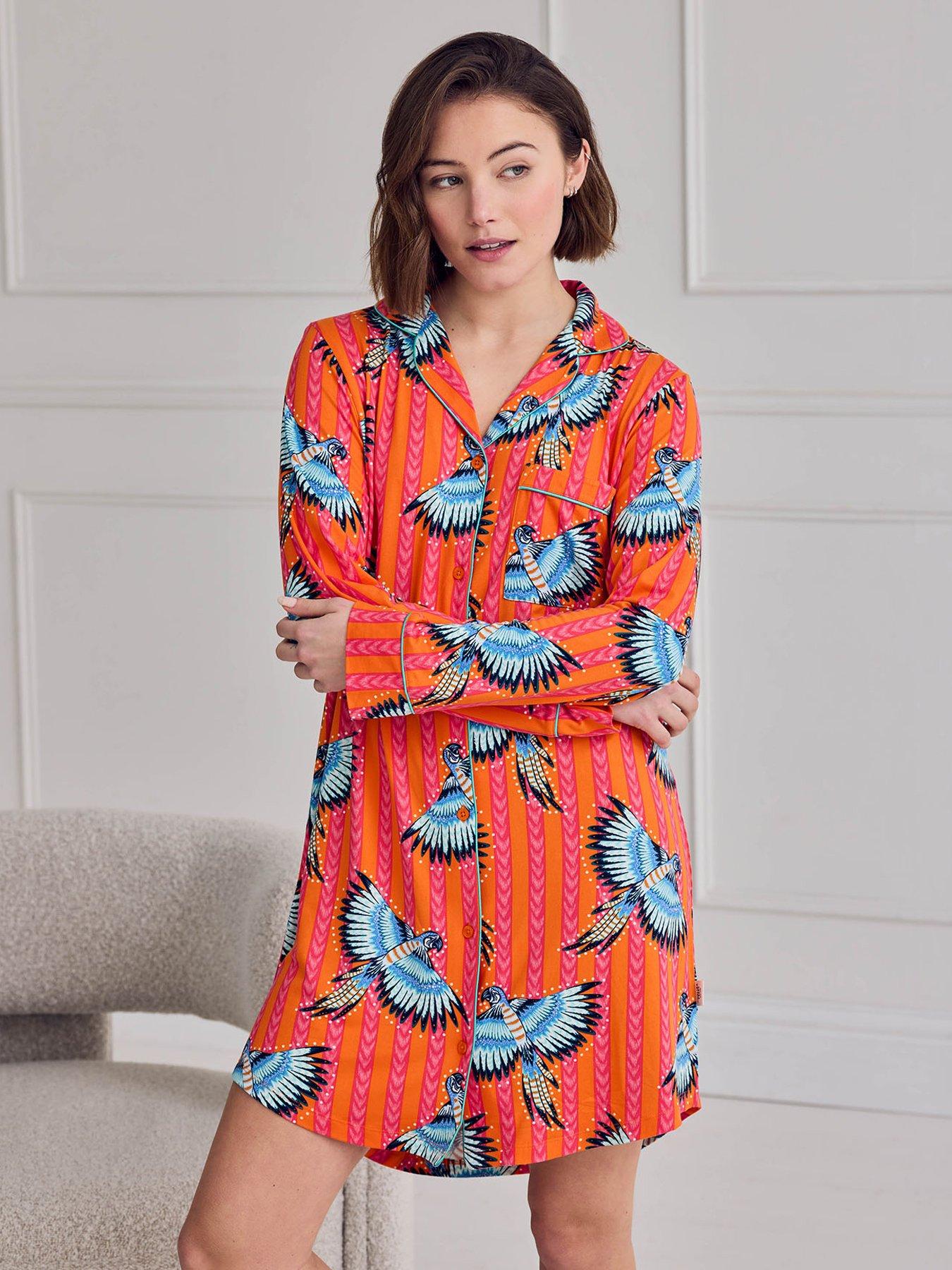 Image 1 of 6 of CHELSEA PEERS Parrot Stripe Print Nightshirt - Print