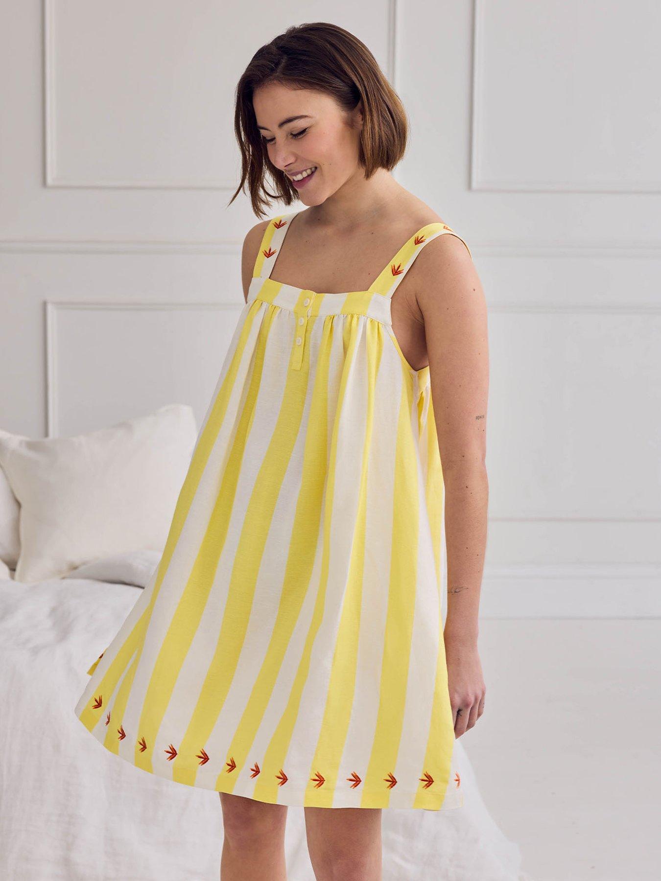 Image 1 of 6 of CHELSEA PEERS Linen Blend Embroidered Stripe Cami Nightshirt - Yellow