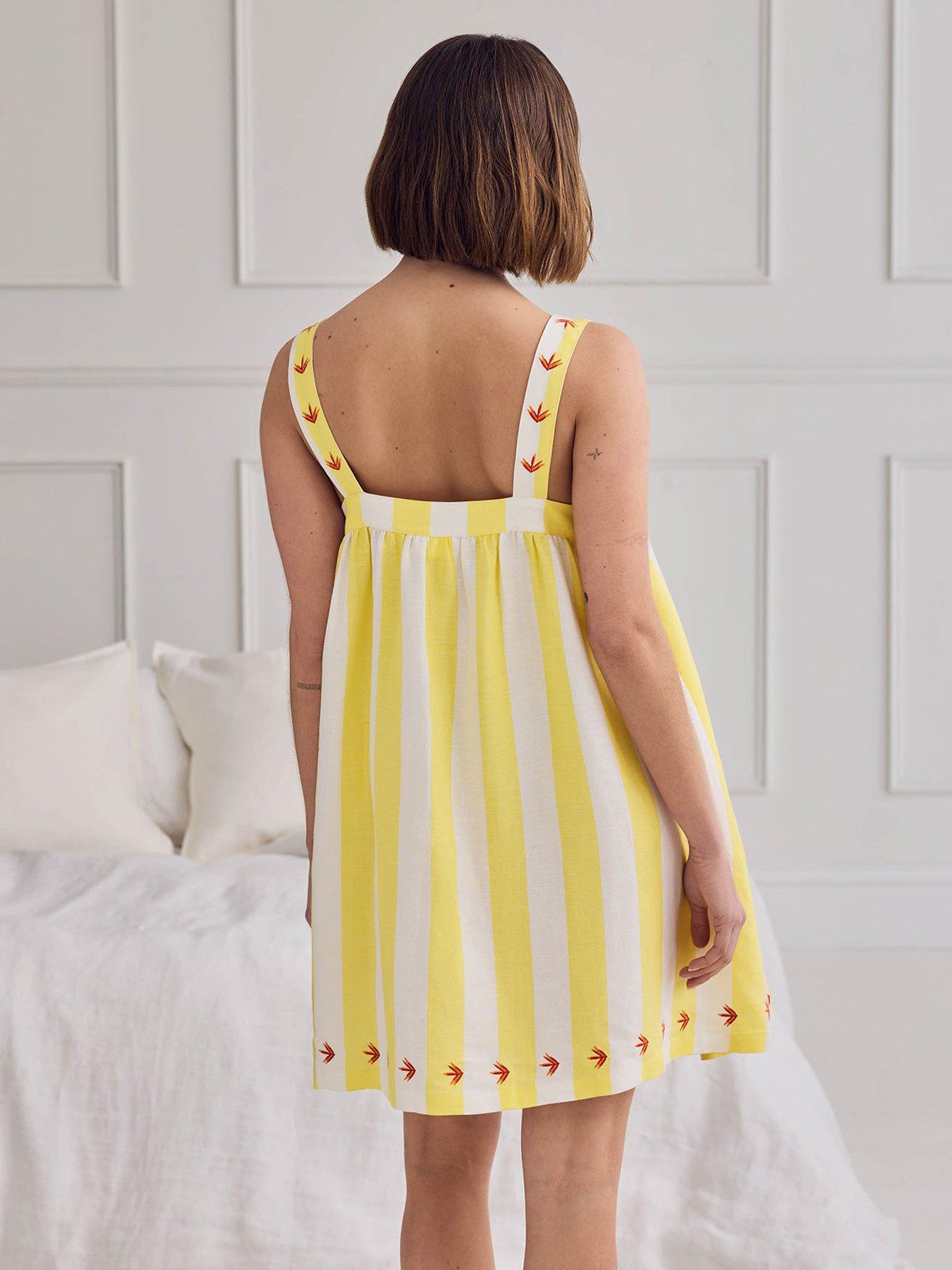 Image 2 of 6 of CHELSEA PEERS Linen Blend Embroidered Stripe Cami Nightshirt - Yellow