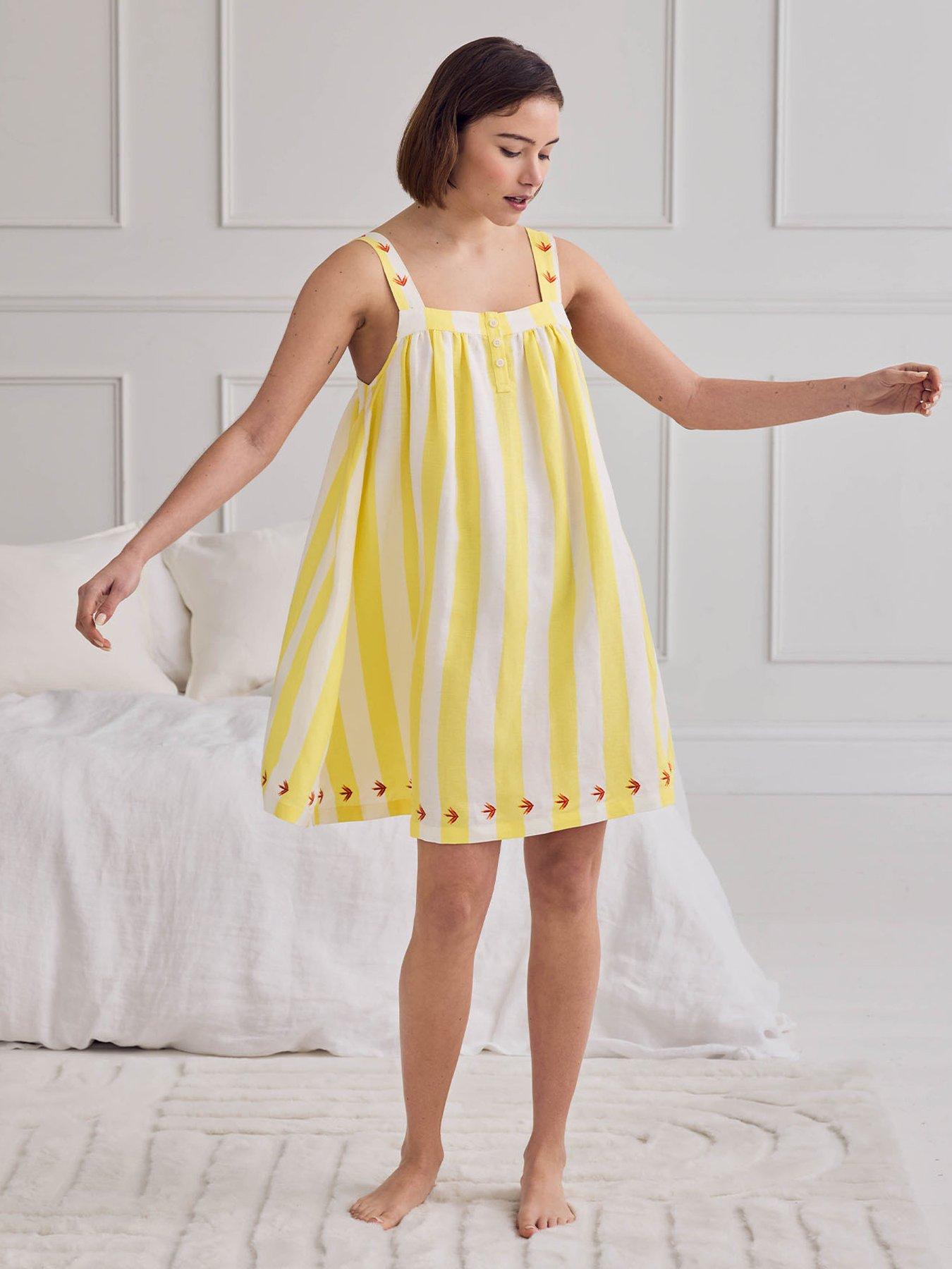 Image 3 of 6 of CHELSEA PEERS Linen Blend Embroidered Stripe Cami Nightshirt - Yellow