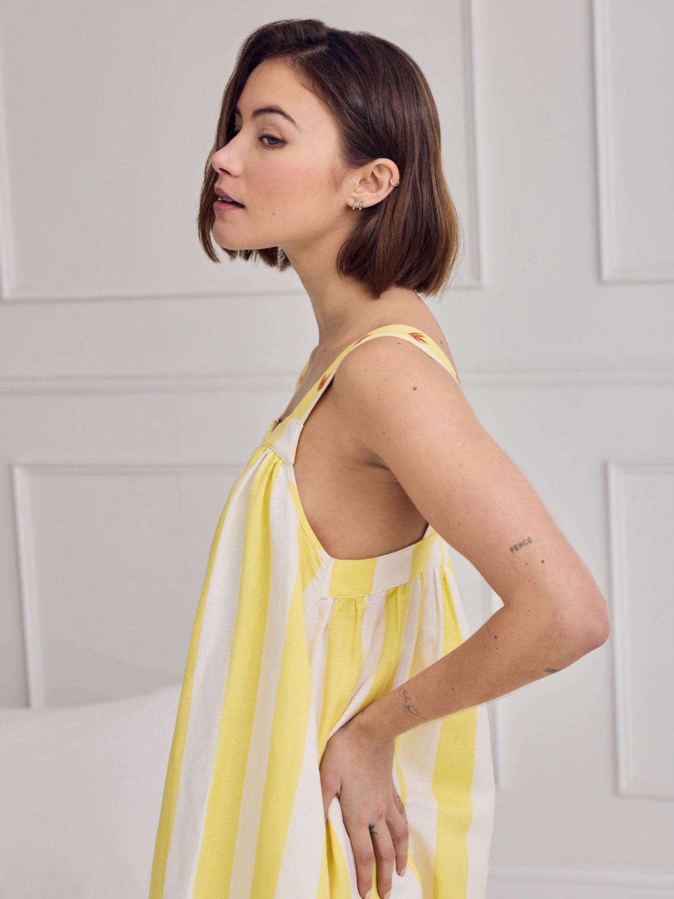 Image 5 of 6 of CHELSEA PEERS Linen Blend Embroidered Stripe Cami Nightshirt - Yellow