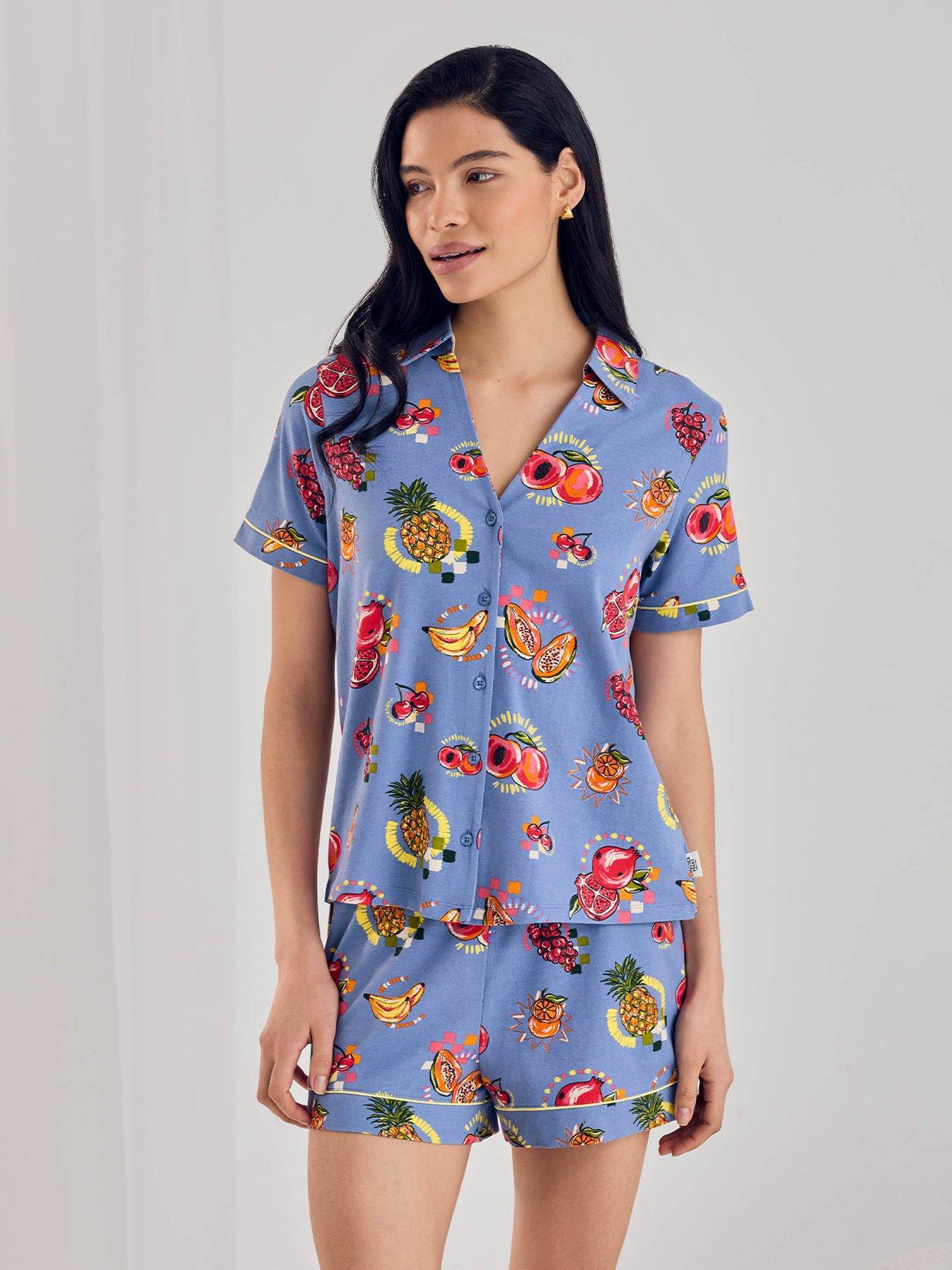 CHELSEA PEERS Organic Cotton Fruit Party Print Button Up Short Pyjama Set - Print