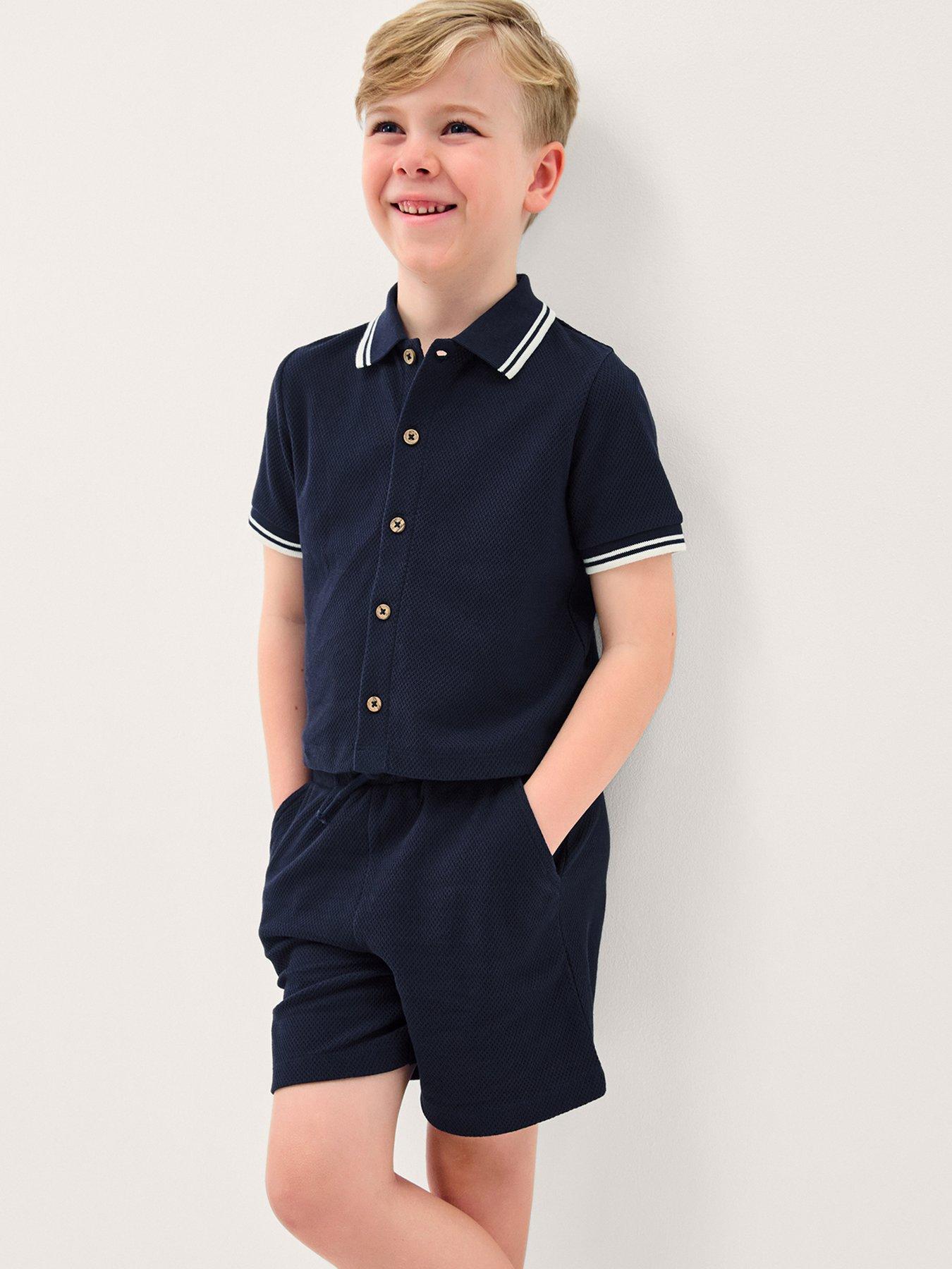 Monsoon Boys Button Through Jersey Shirt and Shorts Set - Navy