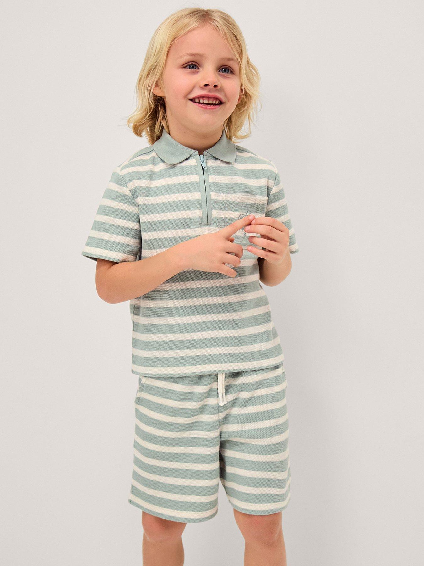 Monsoon Boys Stripe Jersey Polo And Shorts Set - Light Green