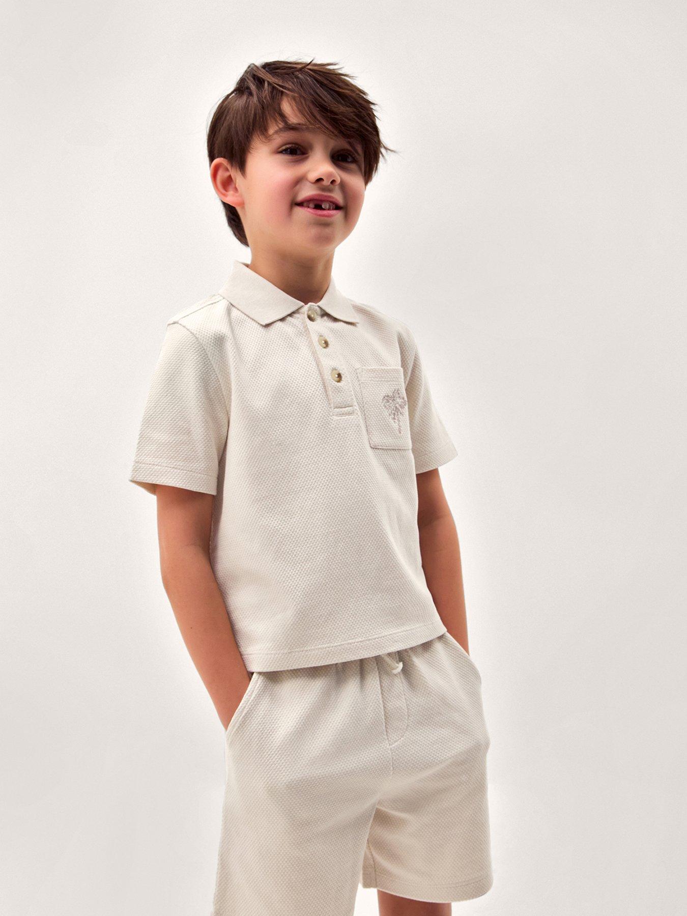 Image 1 of 4 of Monsoon Boys Plain Jersey Polo T-Shirt &amp; Shorts Set- Beige