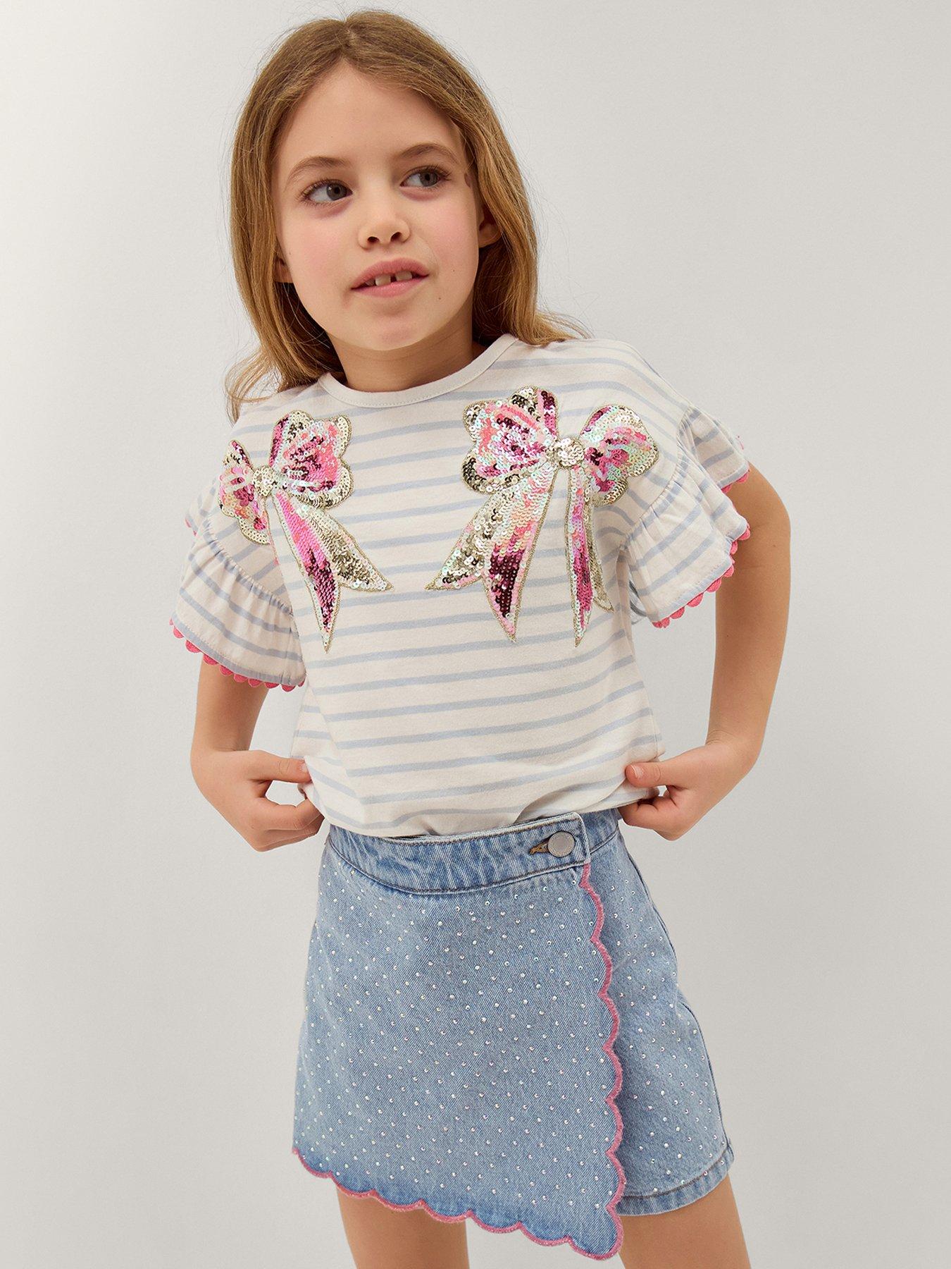 Monsoon Girls Short Sleeve Stripe Sequin Bow Embroidered Tshirt - Light Cream