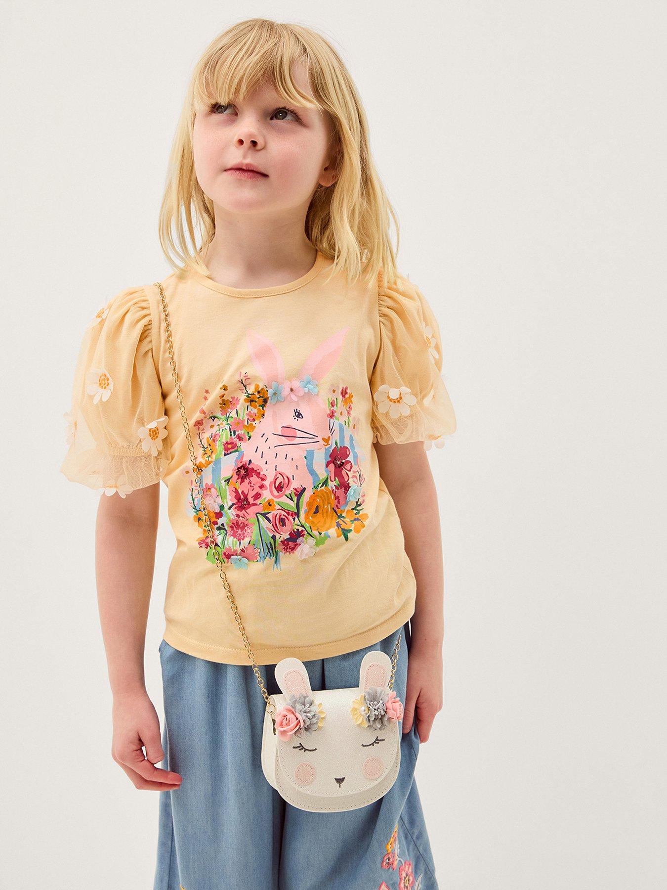 Monsoon Girls Short Sleeve Floral Printed Bunny Tshirt - Yellow