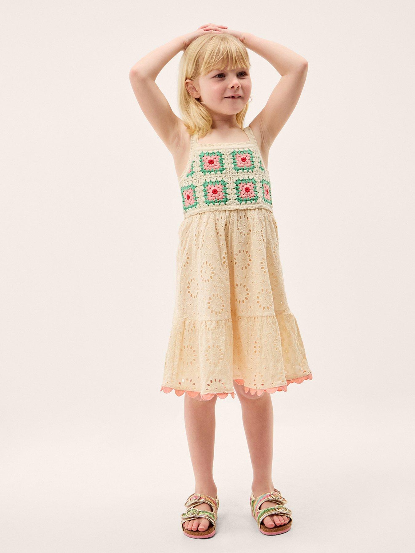 Monsoon Girls Crochet Broderie Dress - White