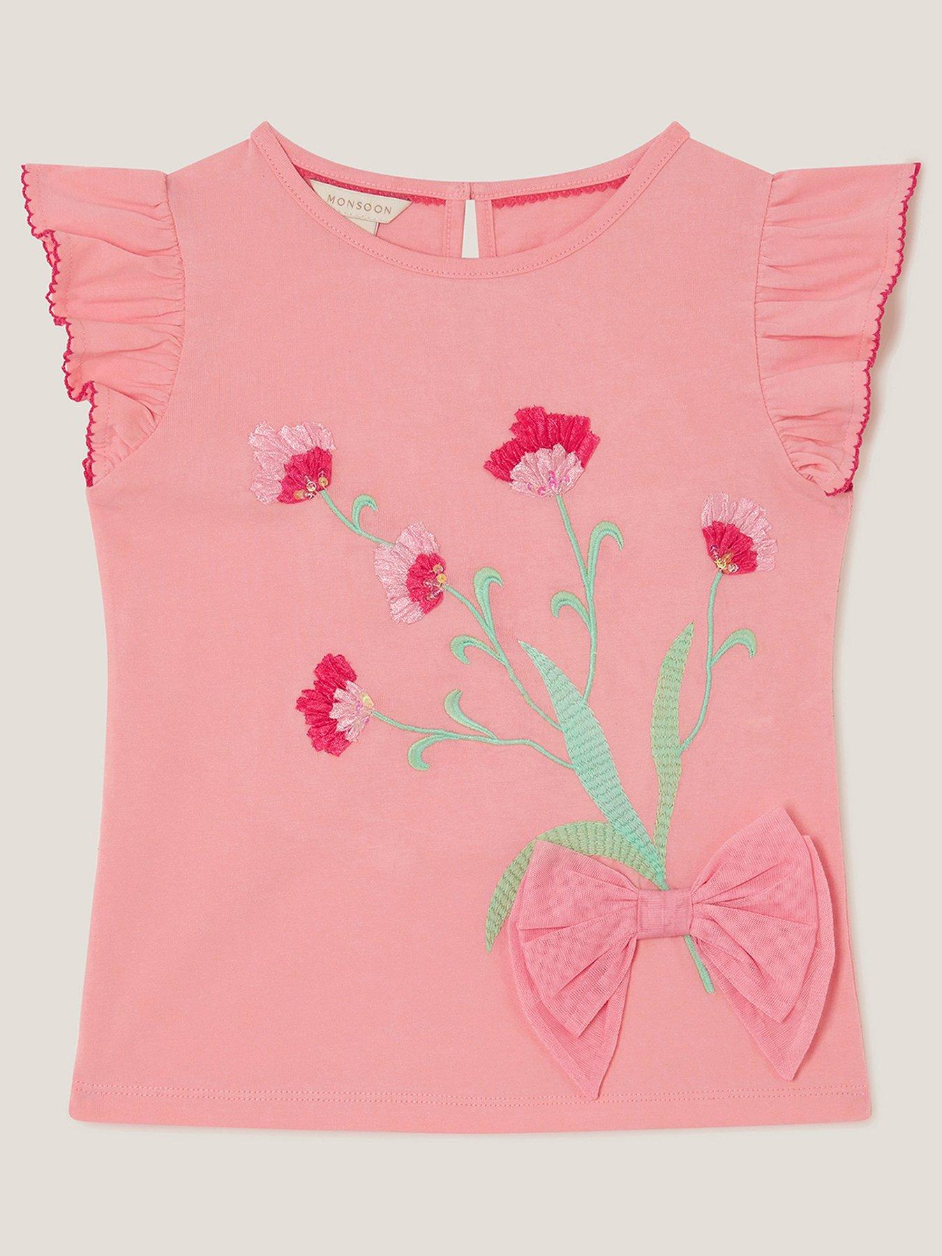 Image 1 of 3 of Monsoon Girls Short Sleeve Tulip Ribbon Embroidered Tshirt - Pink