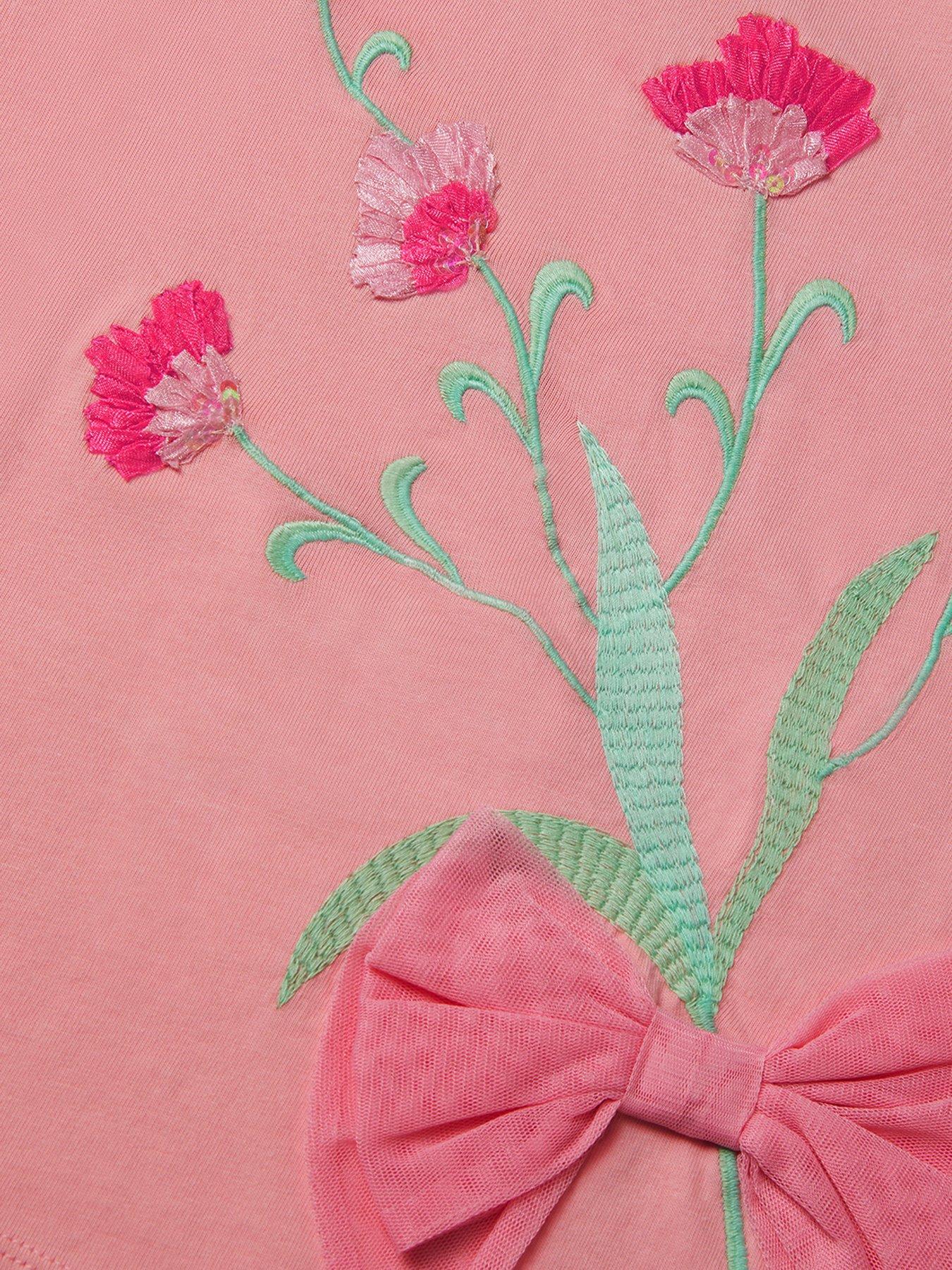 Image 3 of 3 of Monsoon Girls Short Sleeve Tulip Ribbon Embroidered Tshirt - Pink