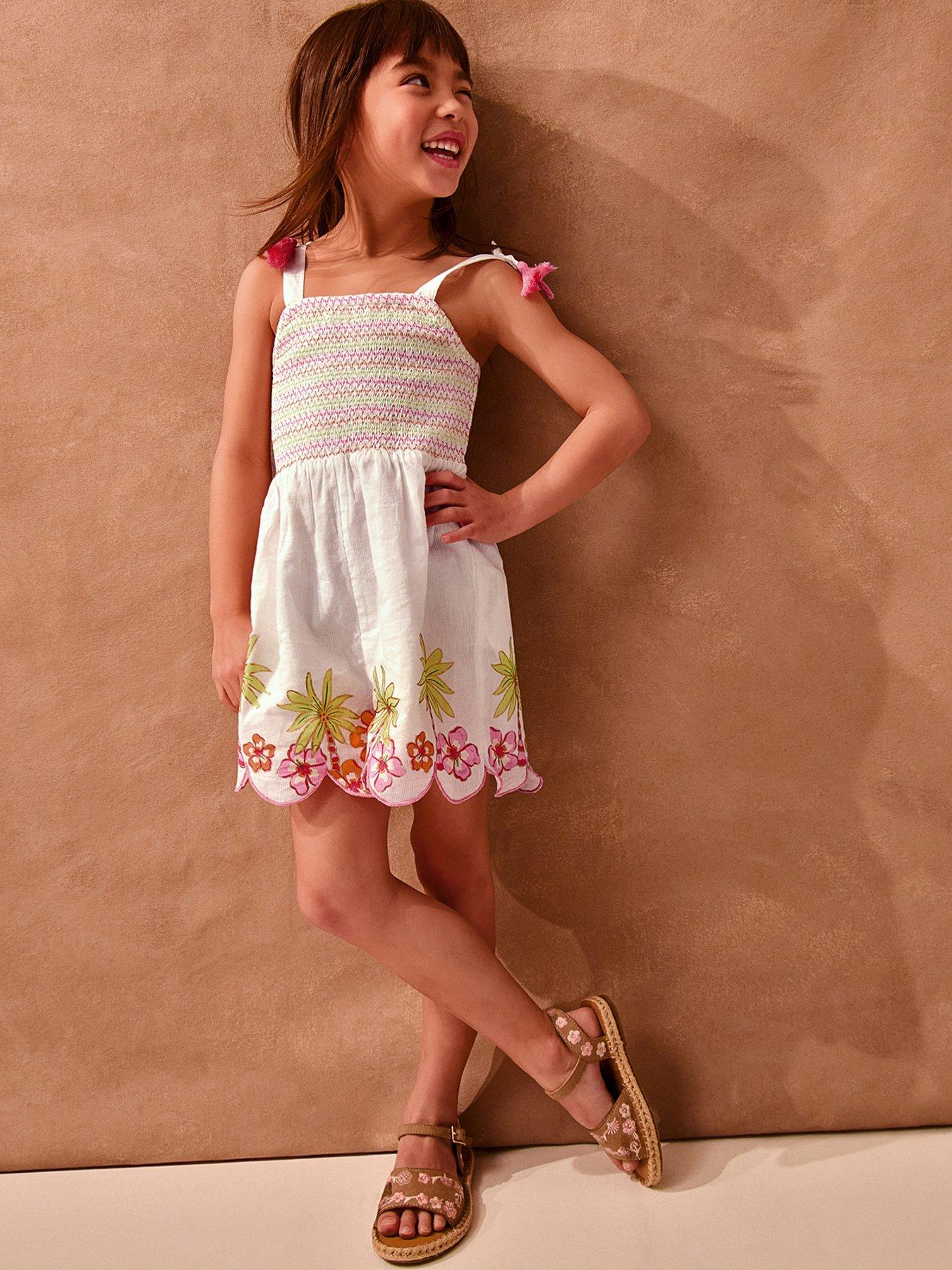 Monsoon Girls Palm Embroidered Playsuit - Light Cream