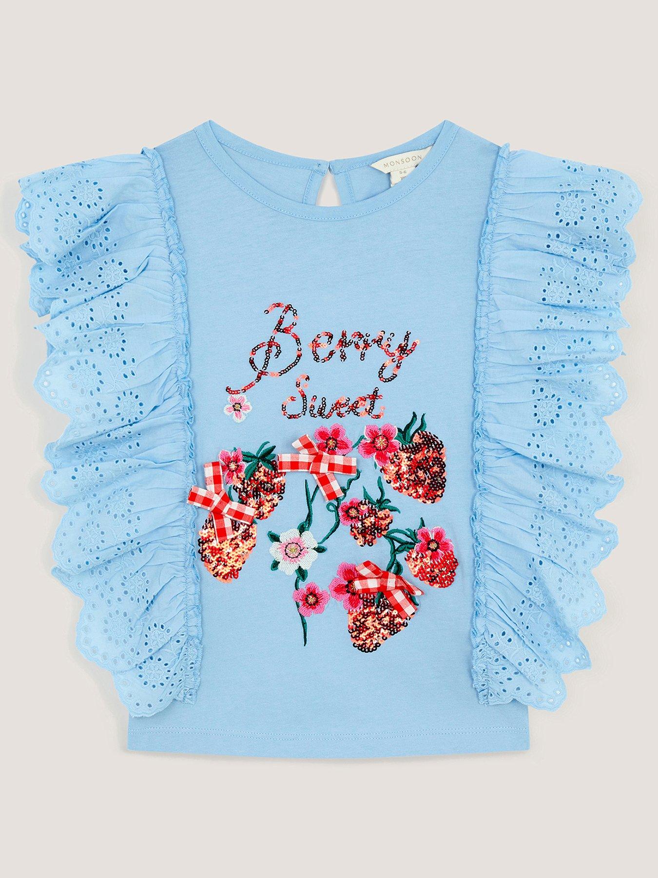 Monsoon Girls Strawberry Sequin Tshirt - Blue
