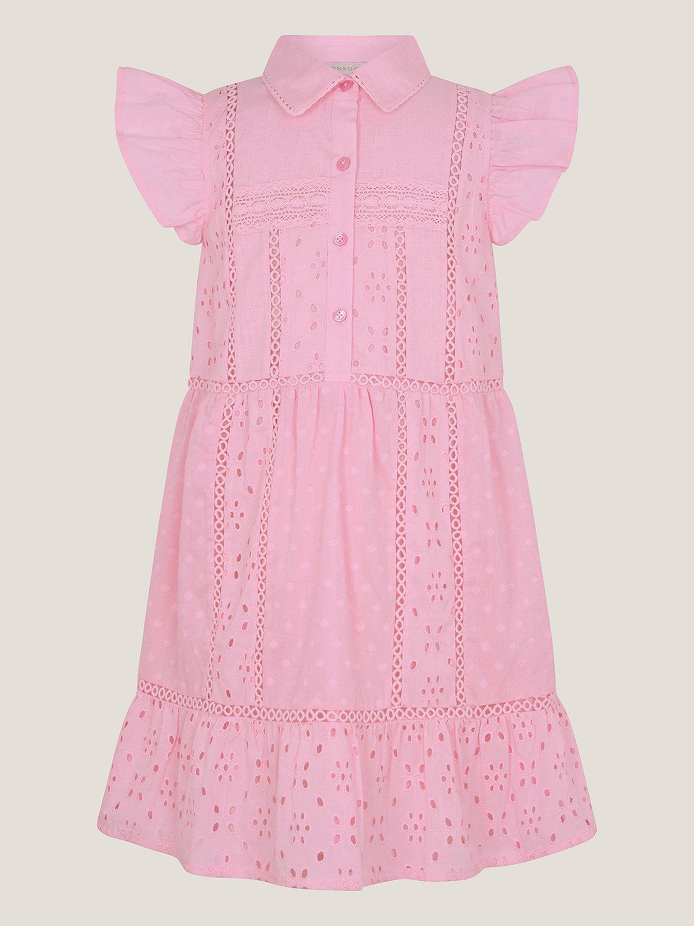 Monsoon Girls Broiderie Button Dress - Pink