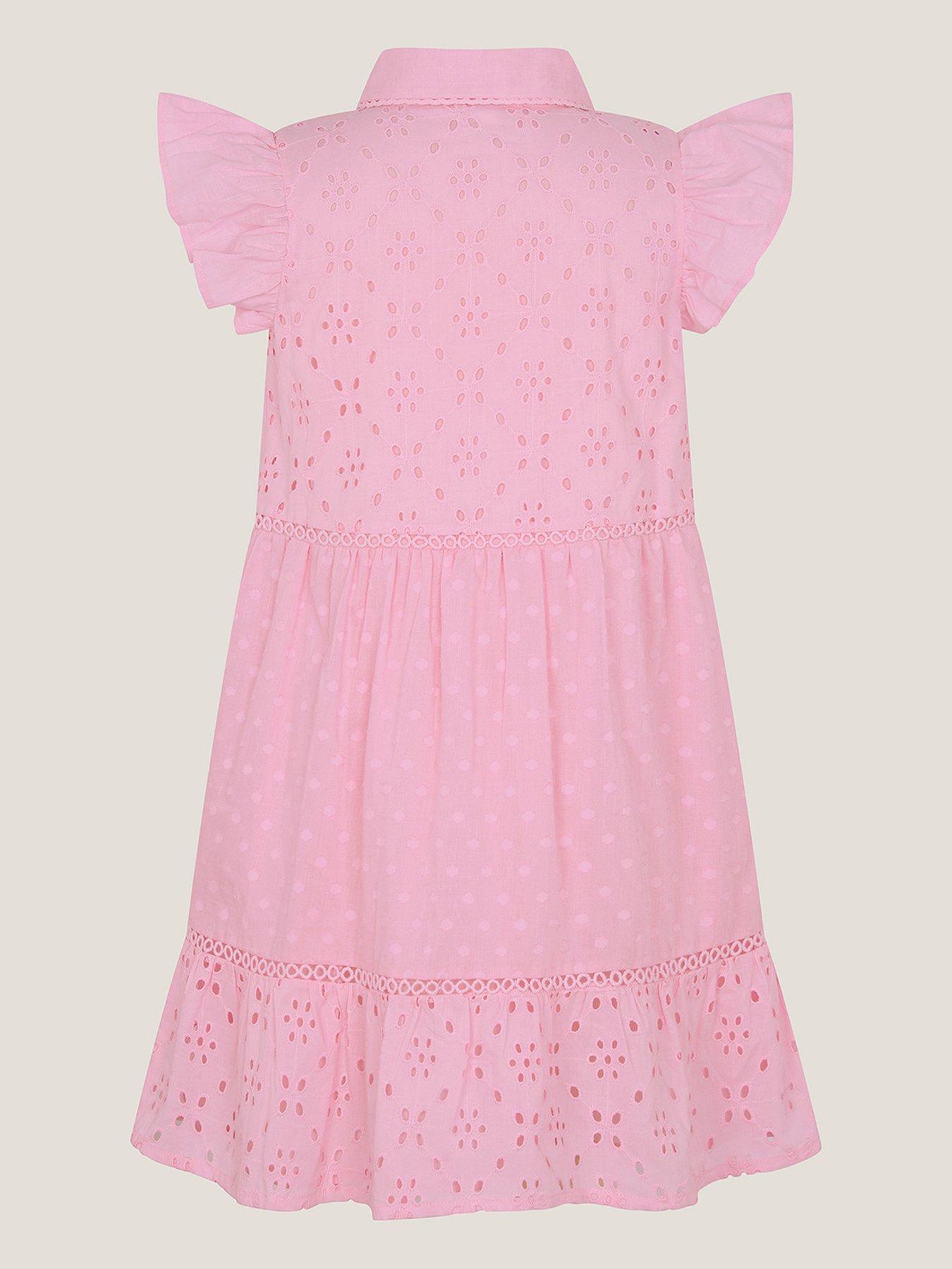 Image 2 of 3 of Monsoon Girls Broiderie Button Dress - Pink