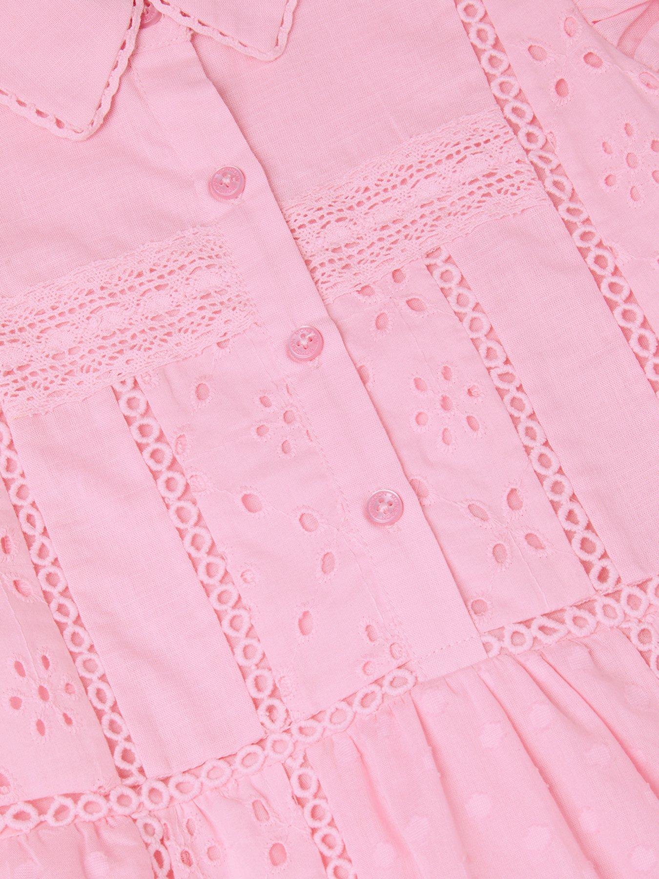 Image 3 of 3 of Monsoon Girls Broiderie Button Dress - Pink