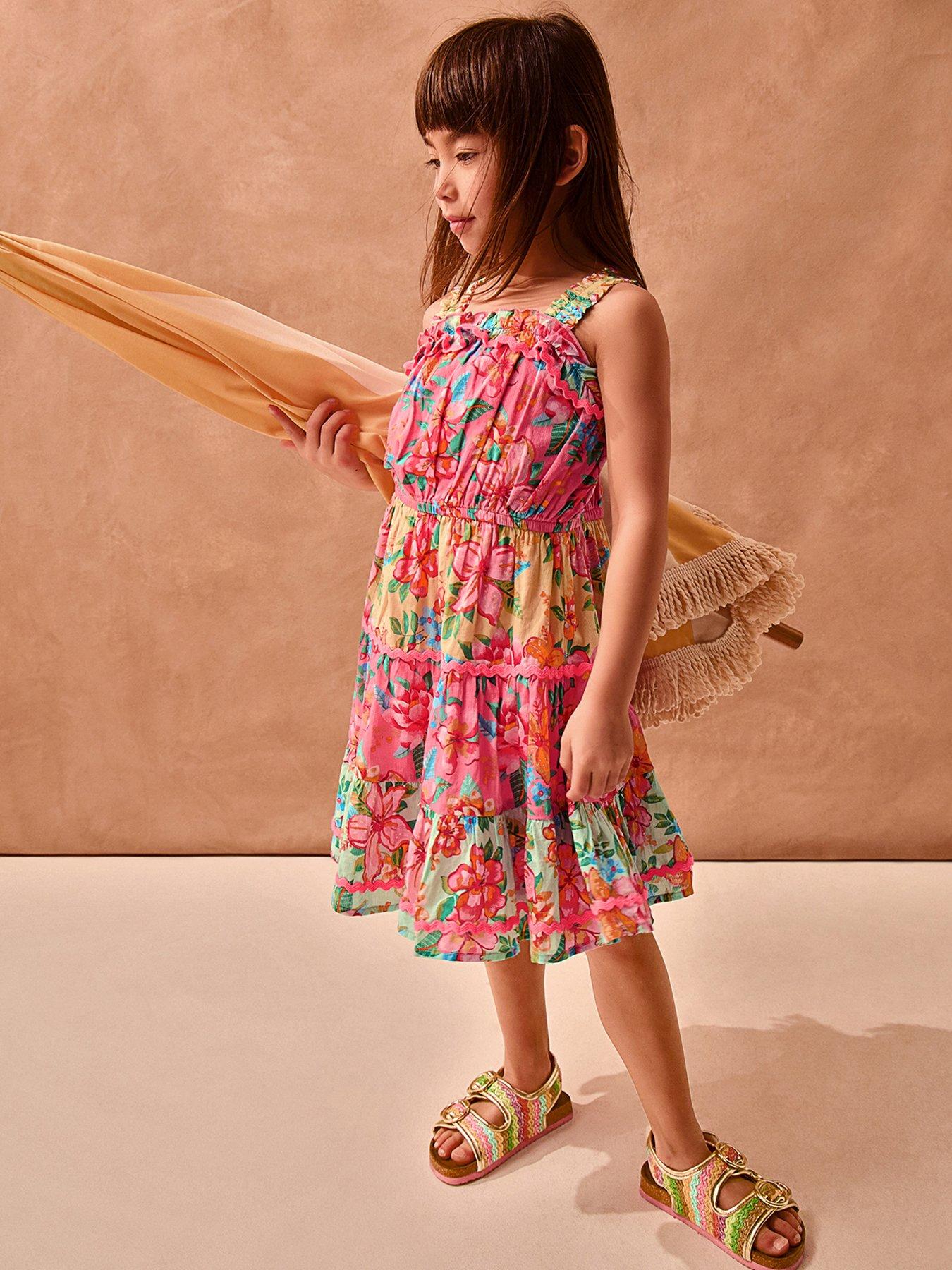 Monsoon Girls Tropical Colourblock Dress - Pink