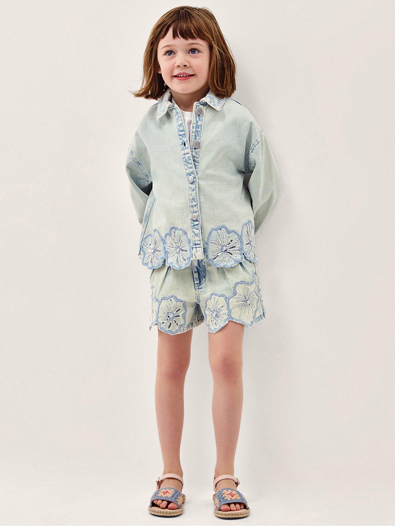 Monsoon Girls Flower Sequin Denim Jacket - Blue